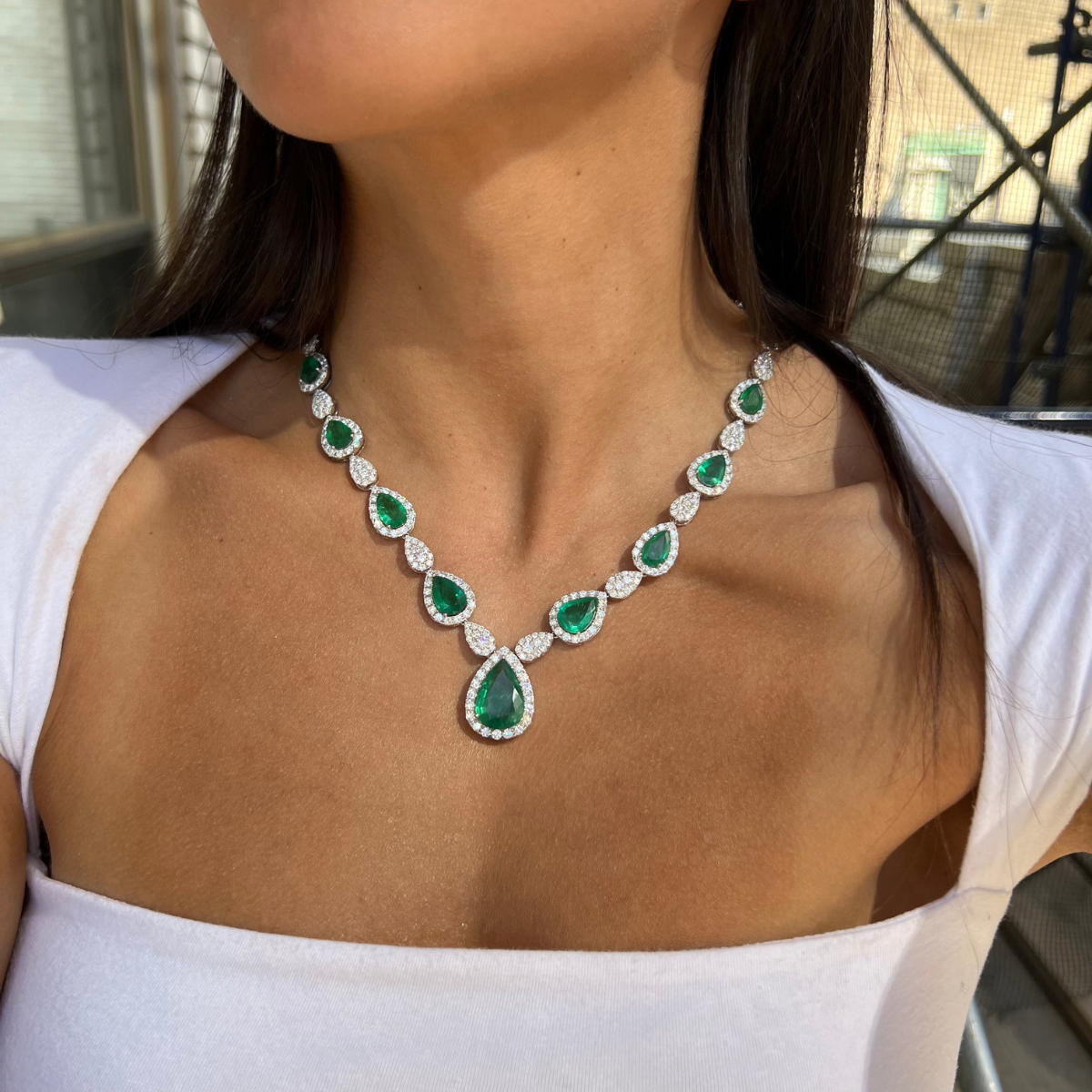 Emerald And Diamond Drop Necklace