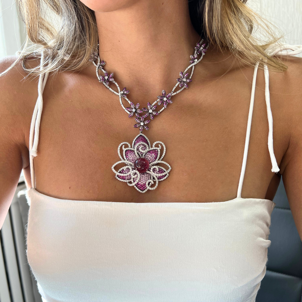 Ruby Pink Sapphire Diamond Flower Necklace, 18K White Gold
