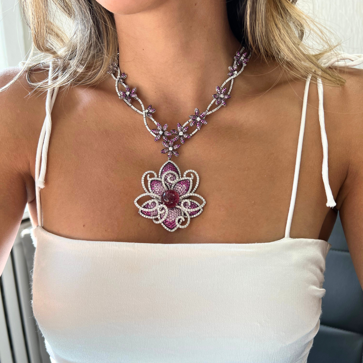 Ruby Pink Sapphire Diamond Flower Necklace, 18K White Gold