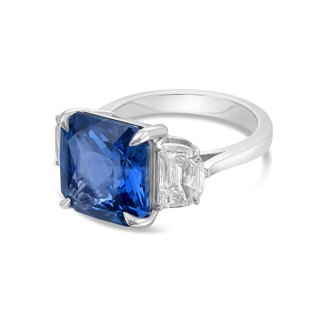 8cts Cushion Cut Sapphire Three Stone Ring