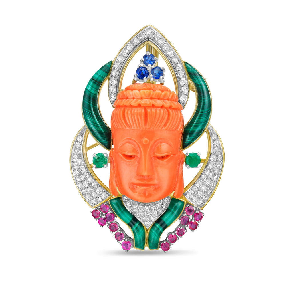 Carved Coral Buddha Brooch