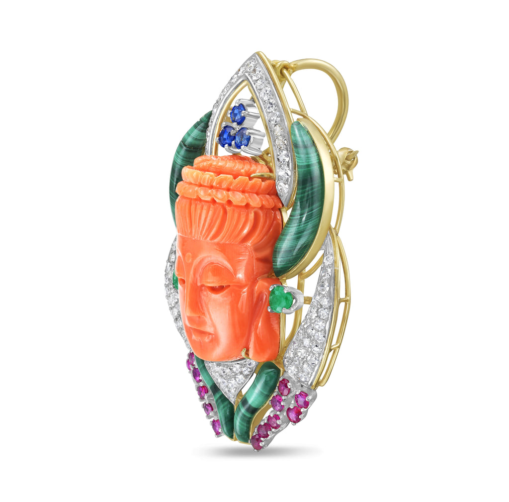 Carved Coral Buddha Brooch