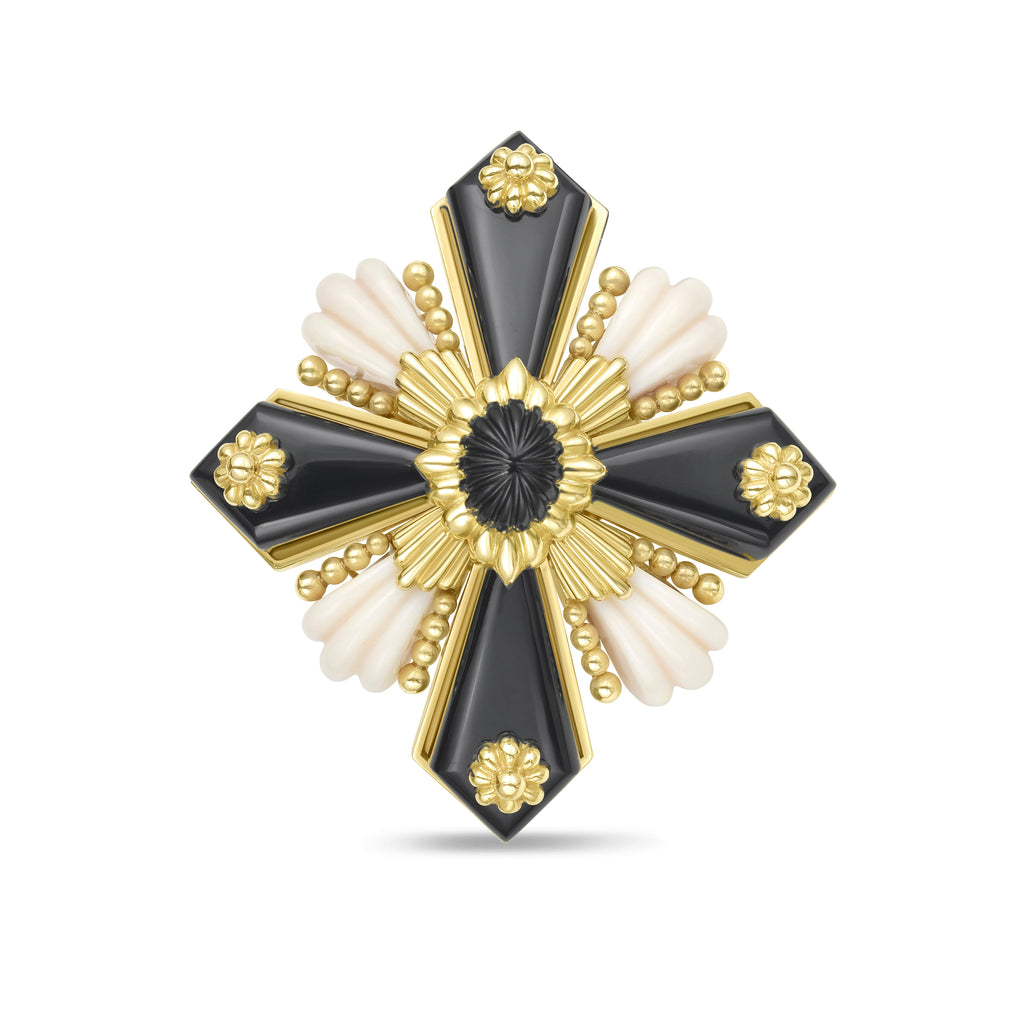 Black Onyx And White Coral Cross-Motif Brooch
