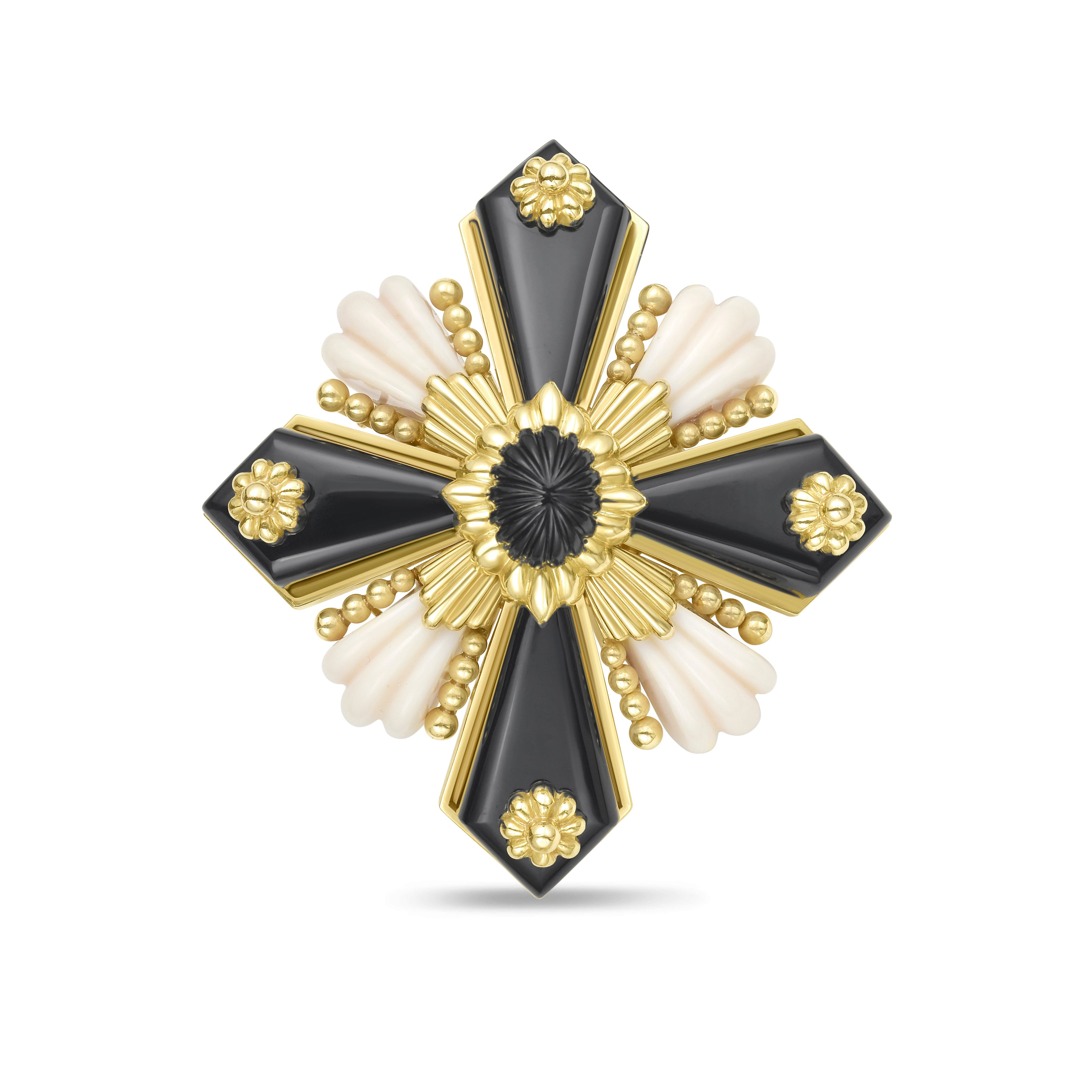Black Onyx And White Coral Cross-Motif Brooch