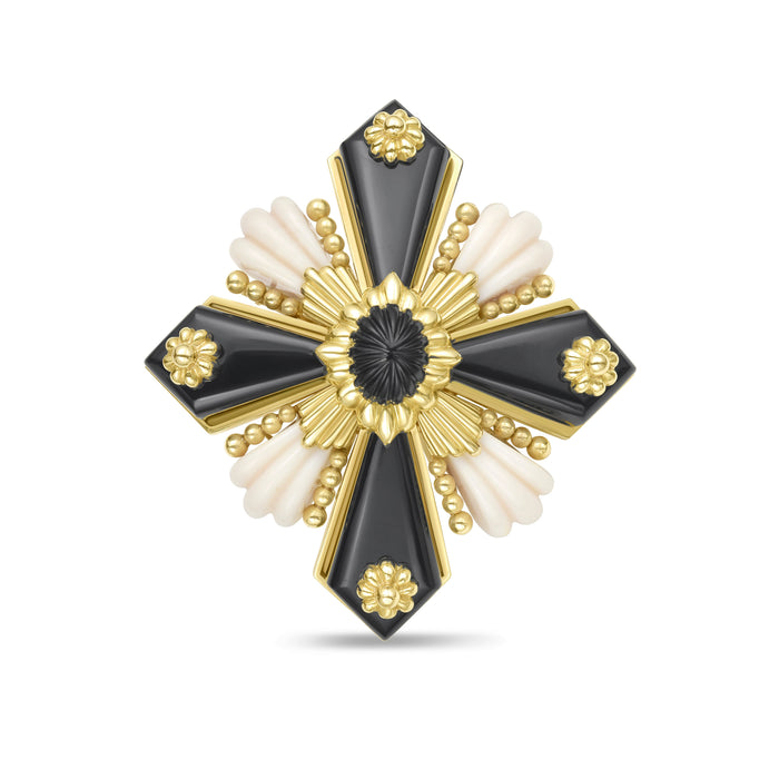Black Onyx And White Coral Cross-Motif Brooch