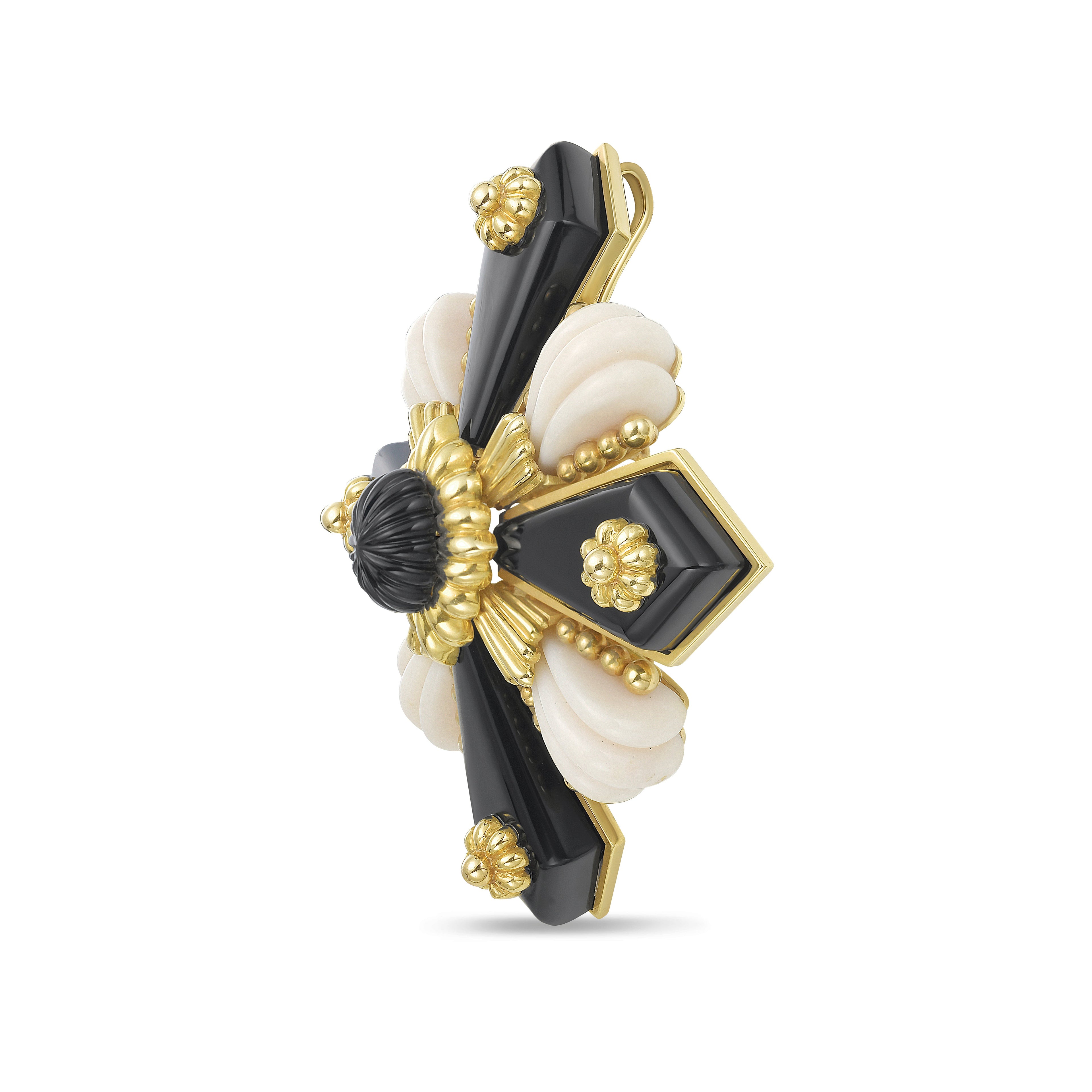Black Onyx And White Coral Cross-Motif Brooch