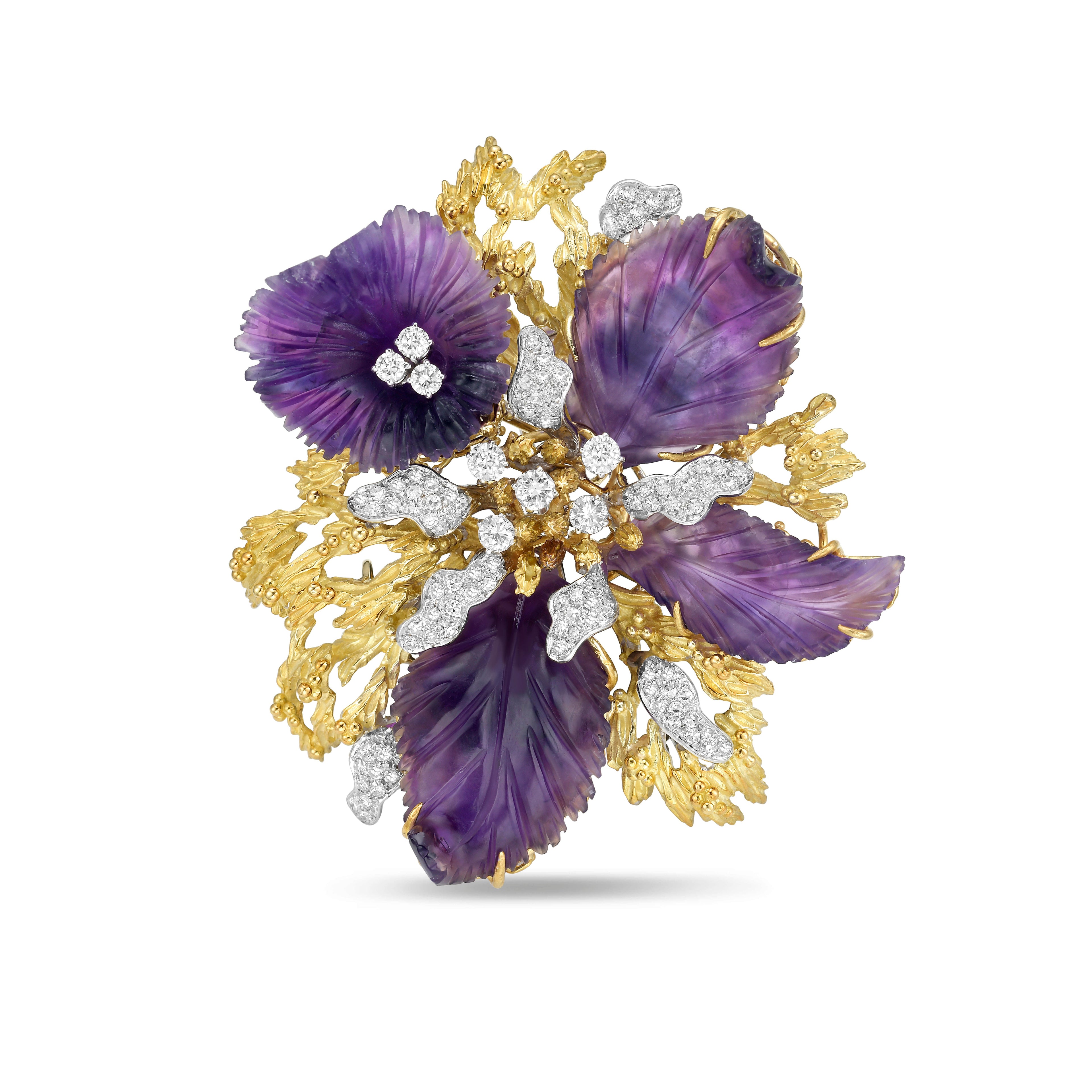 Carved Amethyst And Diamond Flower Brooch