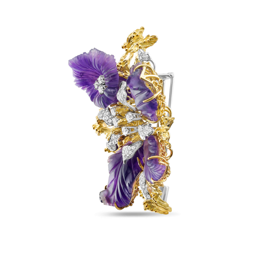 Carved Amethyst And Diamond Flower Brooch
