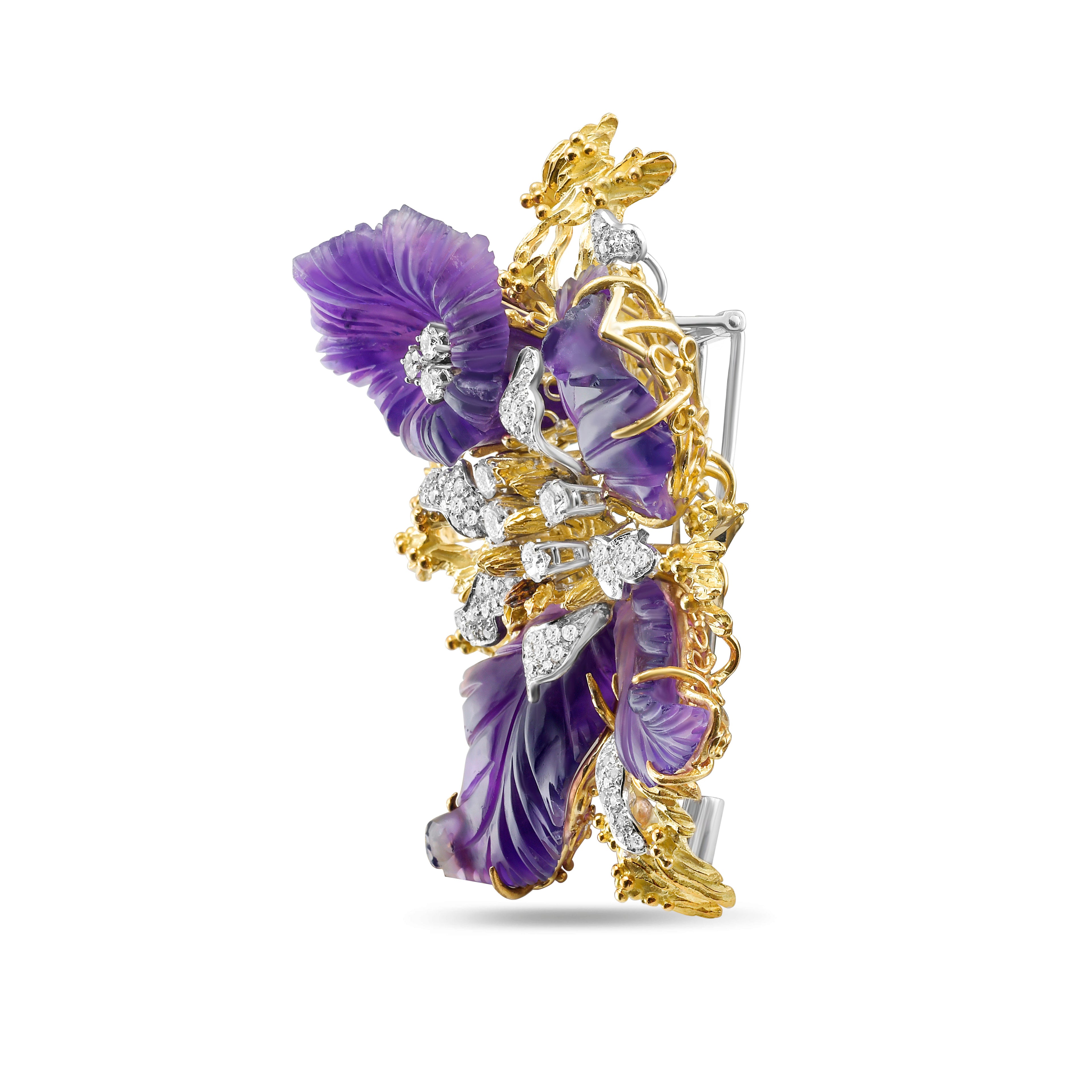 Carved Amethyst And Diamond Flower Brooch
