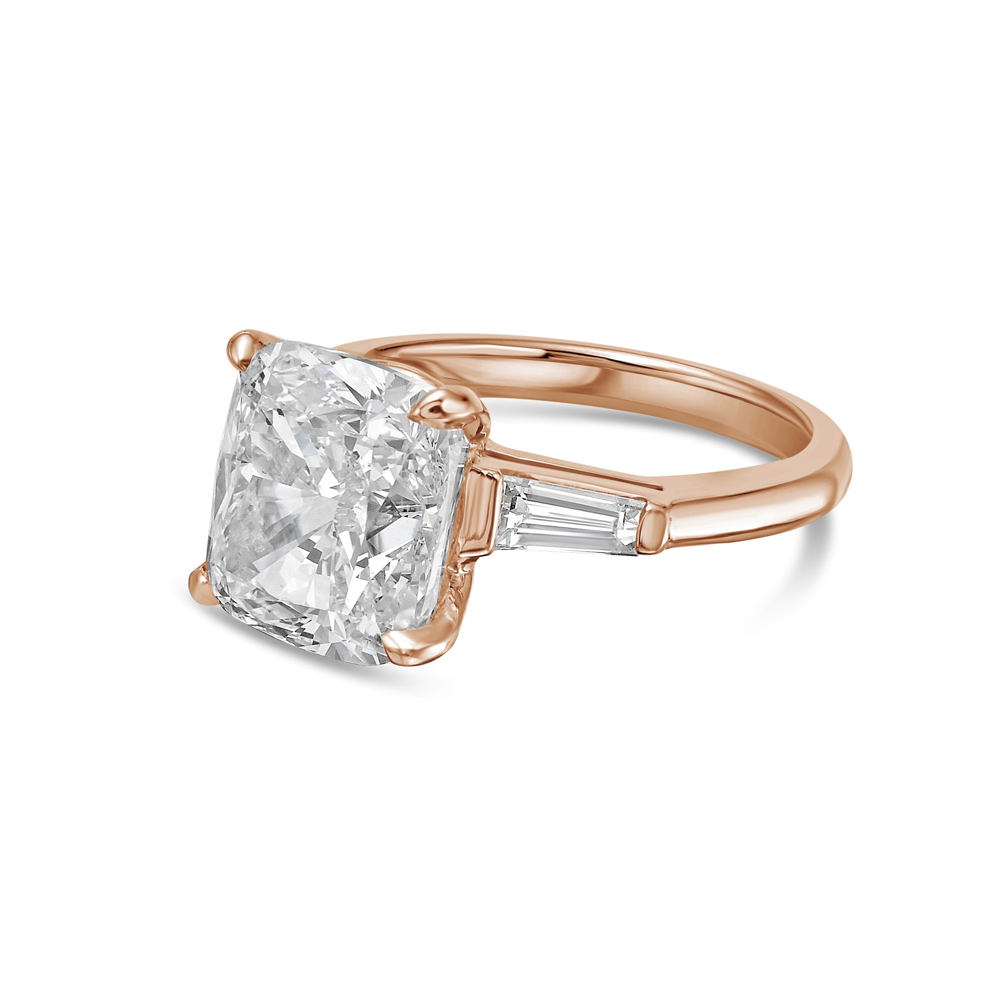 Lab-Grown Cushion Diamond Ring with Baguettes, 18K Gold