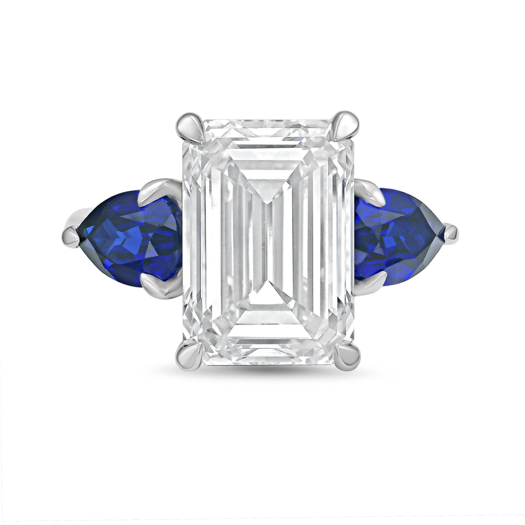 Lab Grown Emerald Diamond ring with pear shaped sapphires