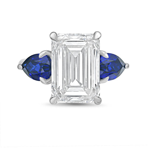 Lab Grown Emerald Diamond ring with pear shaped sapphires