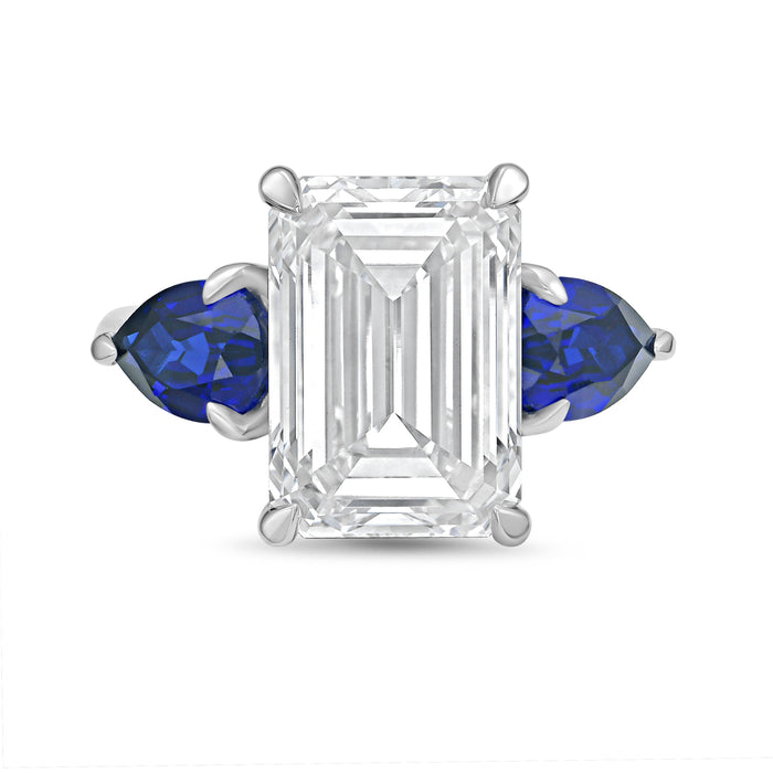 Lab Grown Emerald Diamond ring with pear shaped sapphires