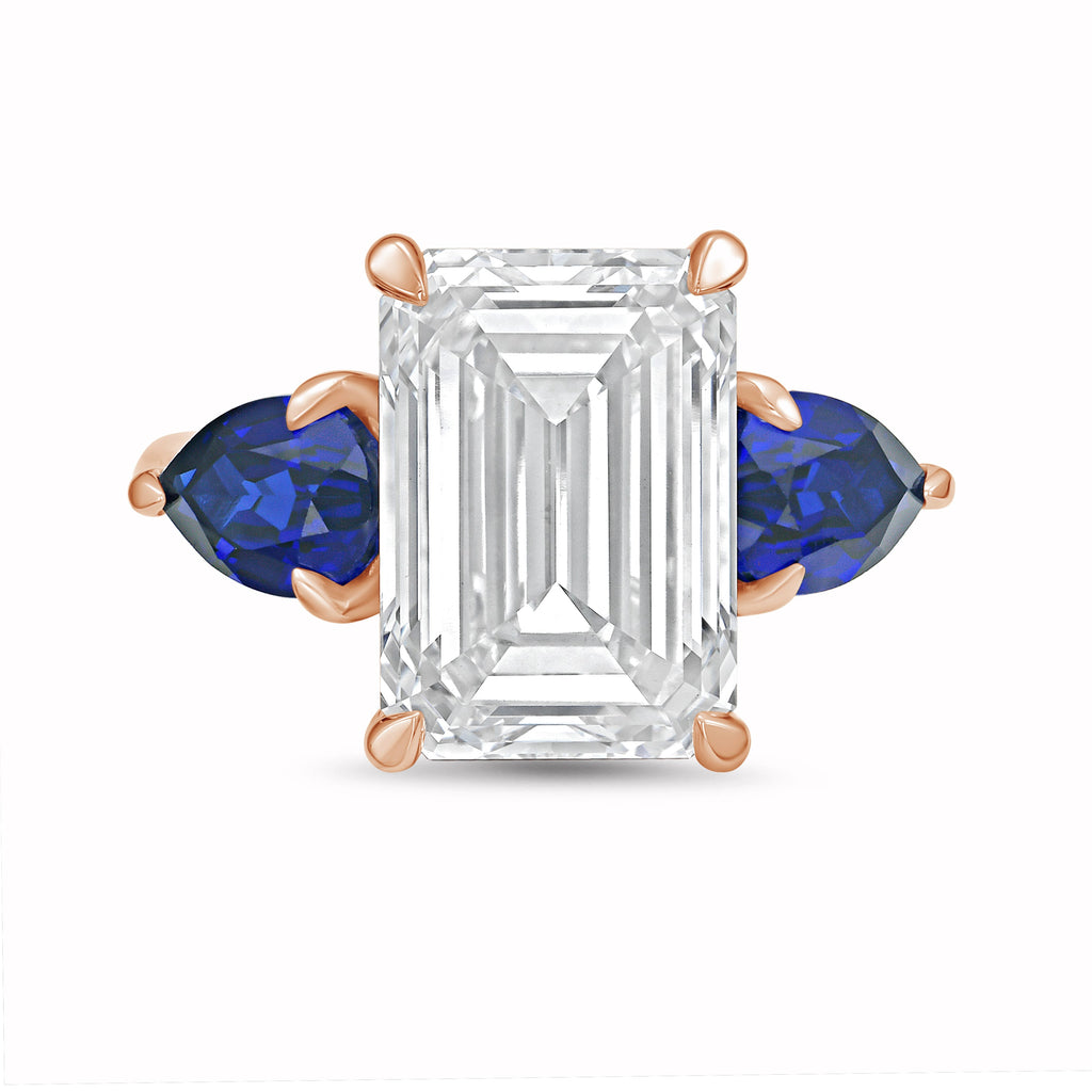 Lab Grown Emerald Diamond ring with pear shaped sapphires