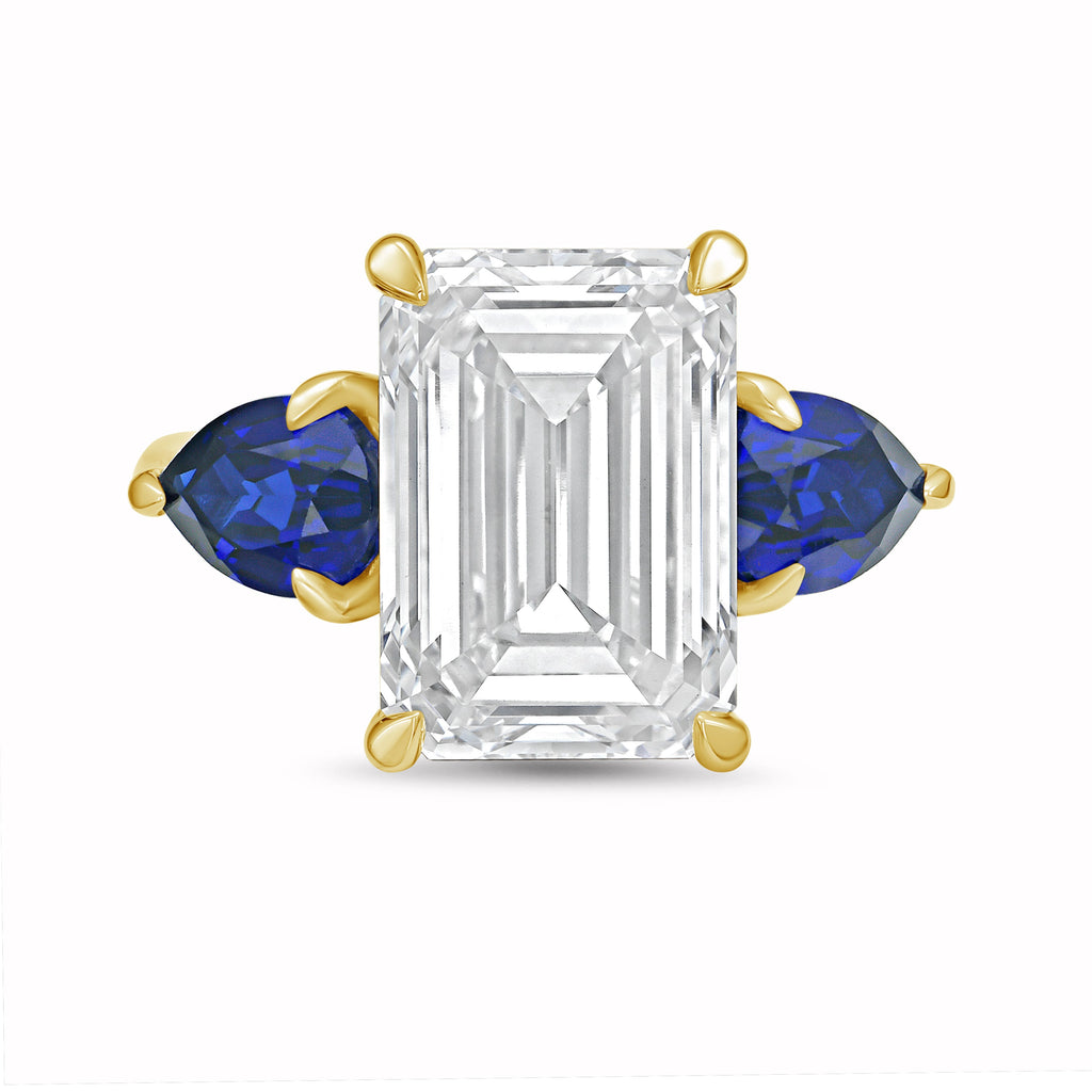 Lab Grown Emerald Diamond ring with pear shaped sapphires