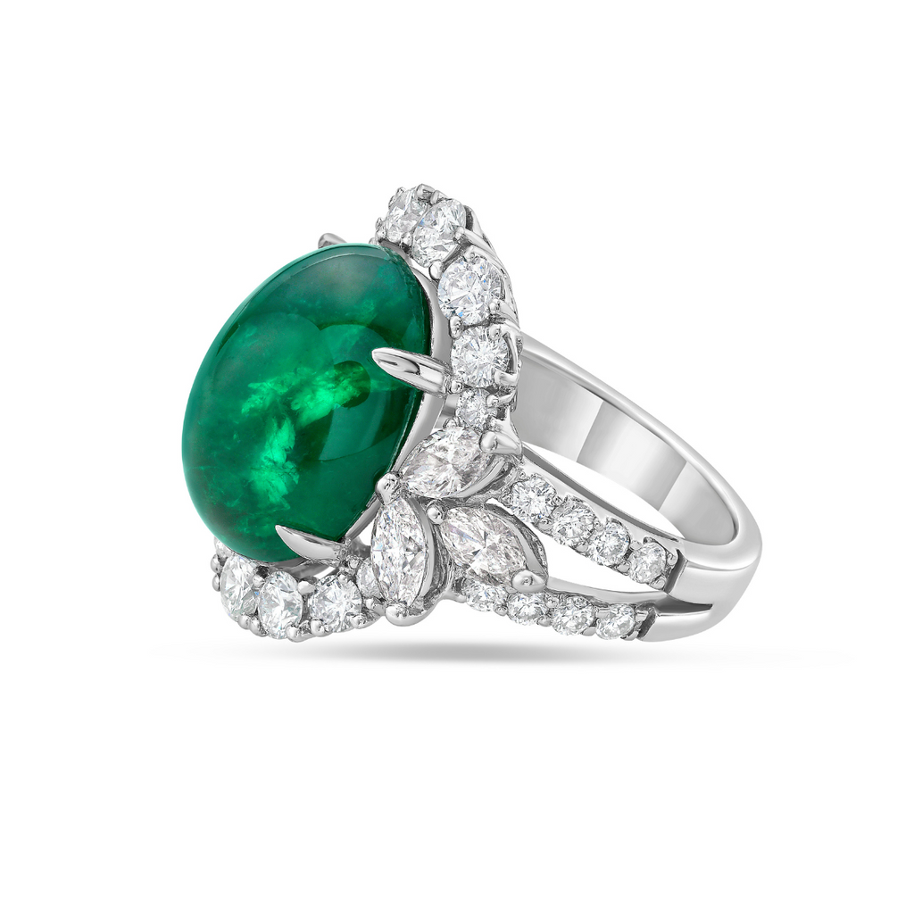 Emerald Halo Leaf Motif Ring