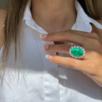 Green Emerald and Round Diamonds Flower Ring