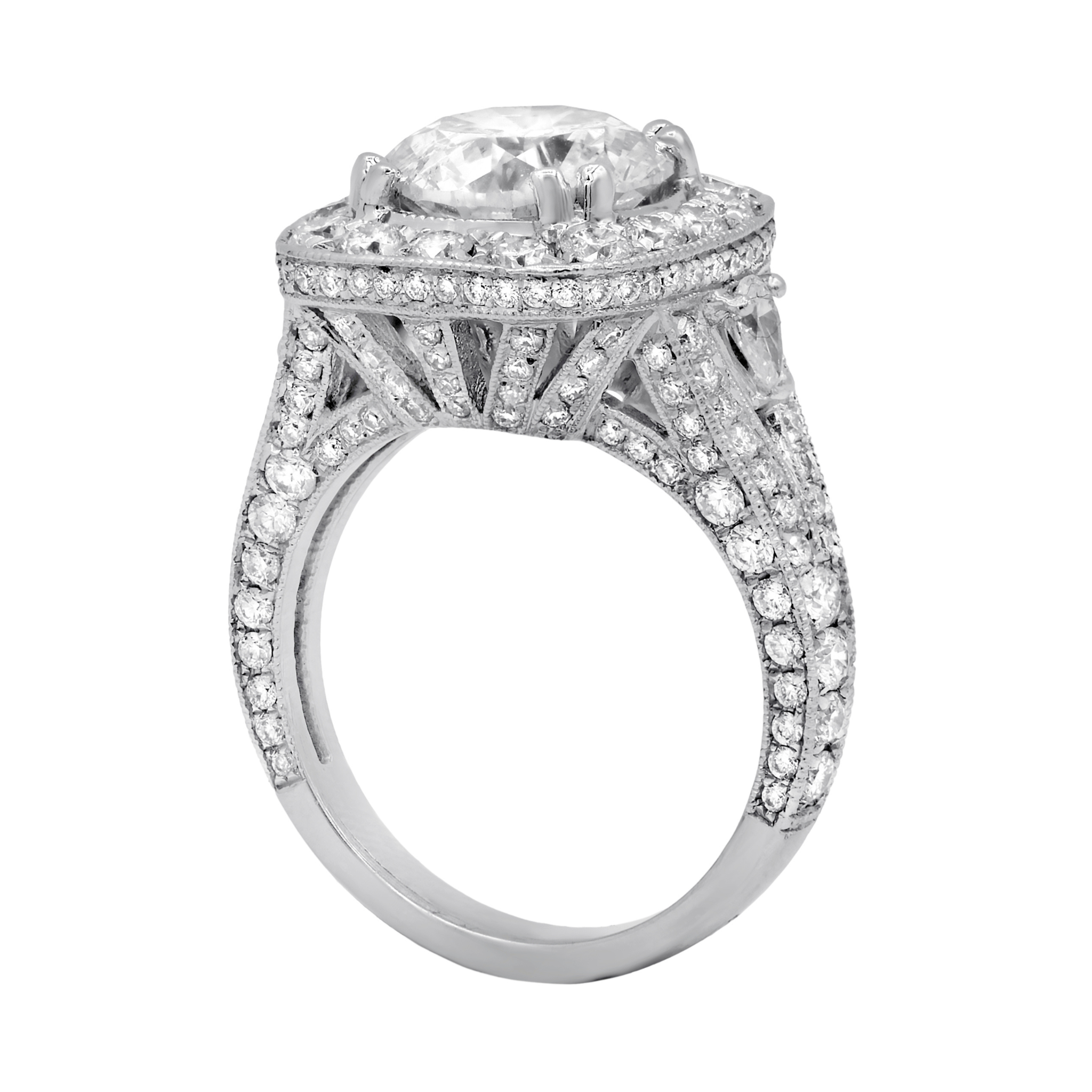 3.01ct Round With Two Pear Shape Halo Diamond Ring