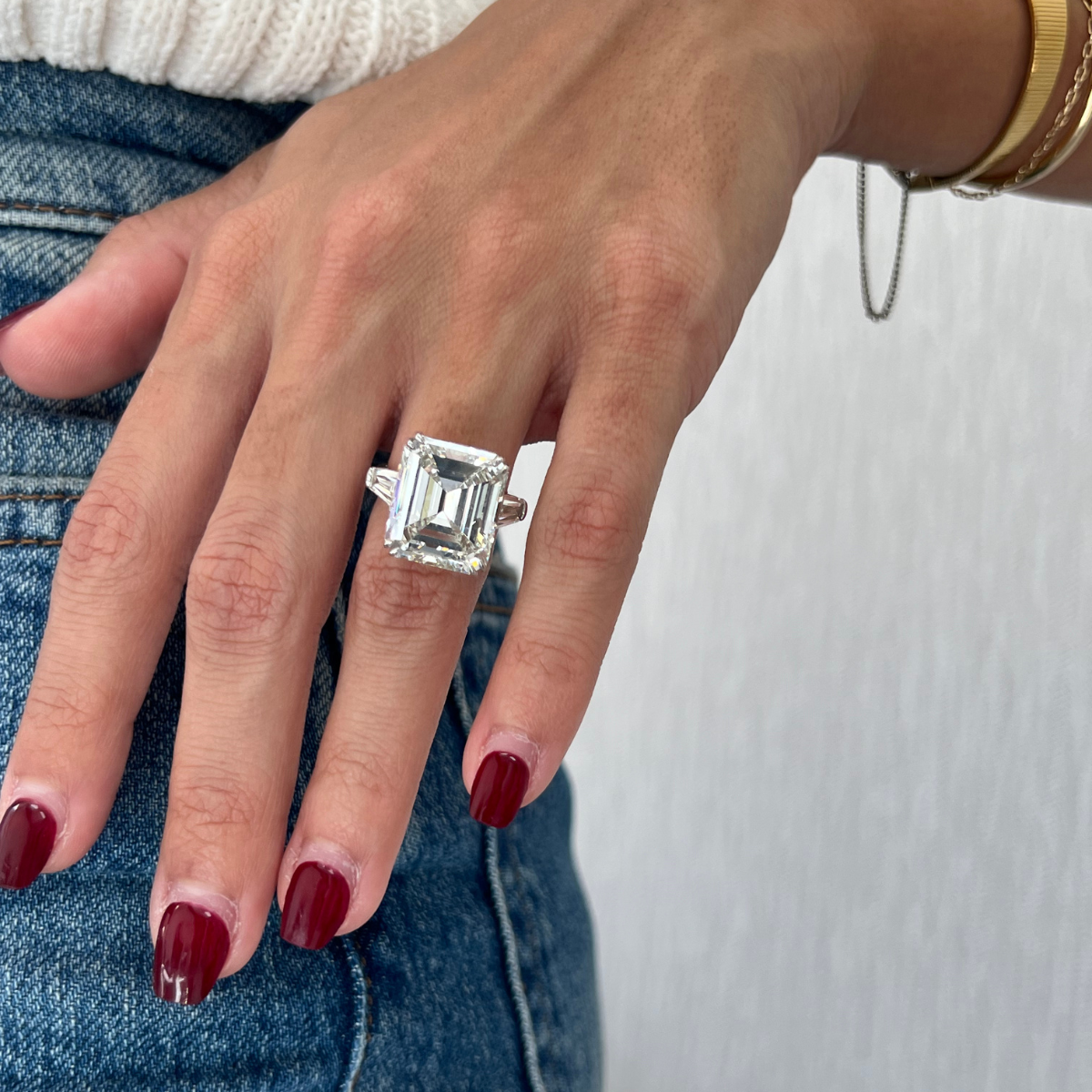 Three-Stone Emerald-Cut Diamond Engagement Ring, Platinum