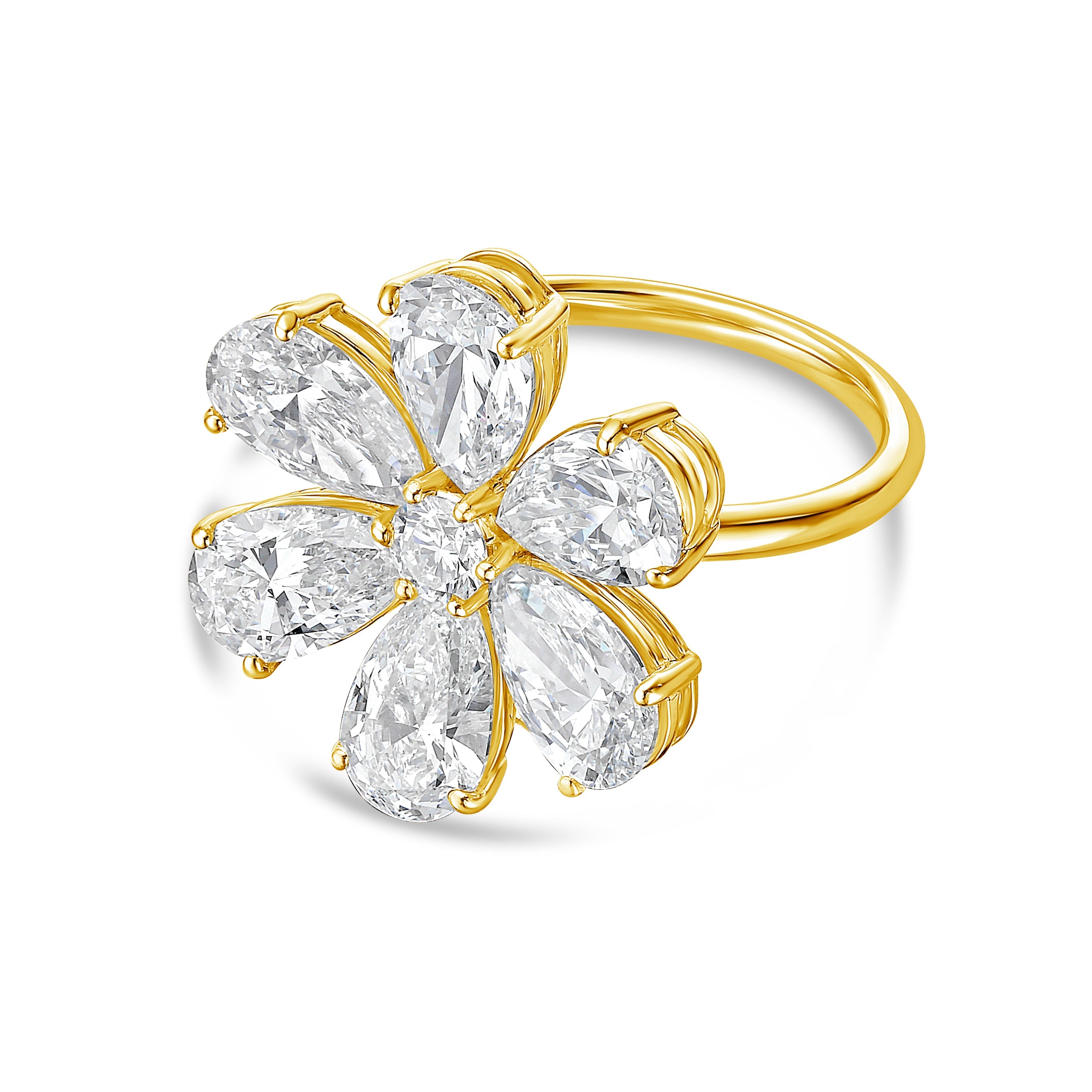 Lab-Grown Pear Shape Diamond Flower Ring, 18K Gold
