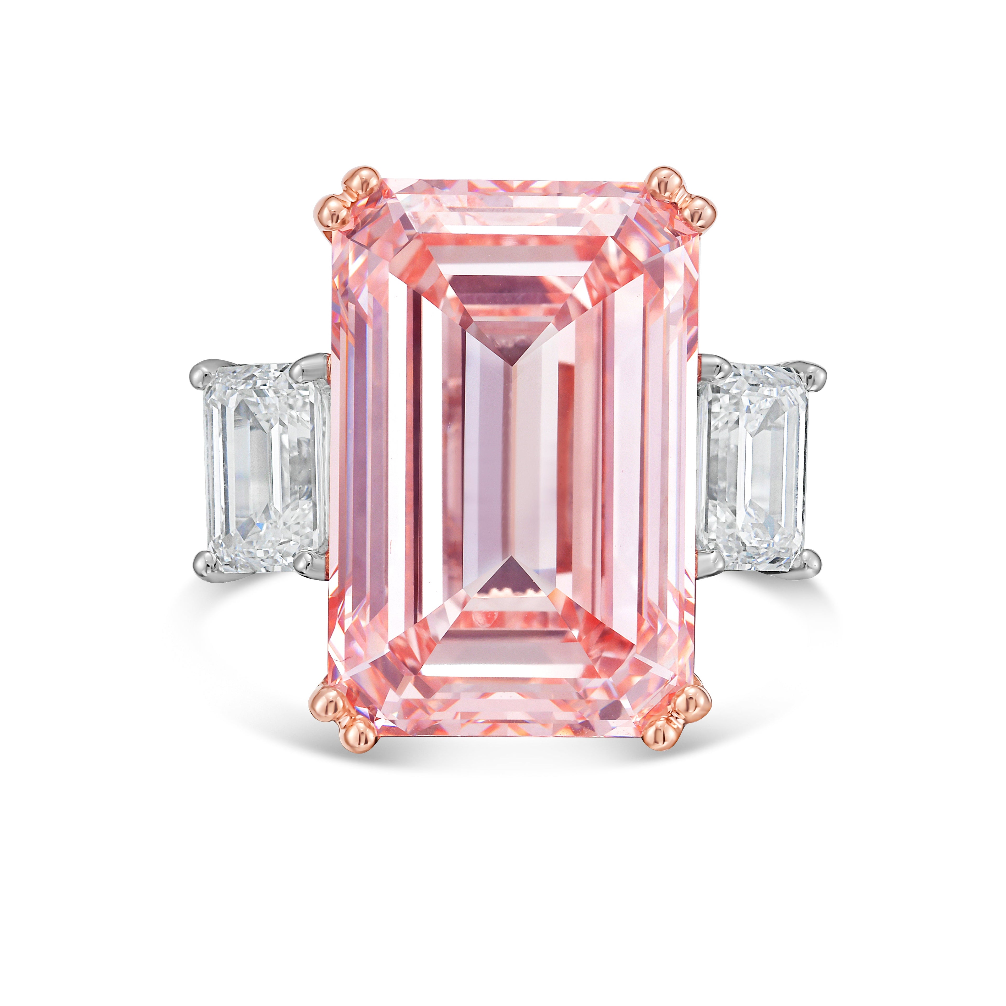 Lab-Grown Pink Emerald Cut Three Stone Ring, 18K Gold