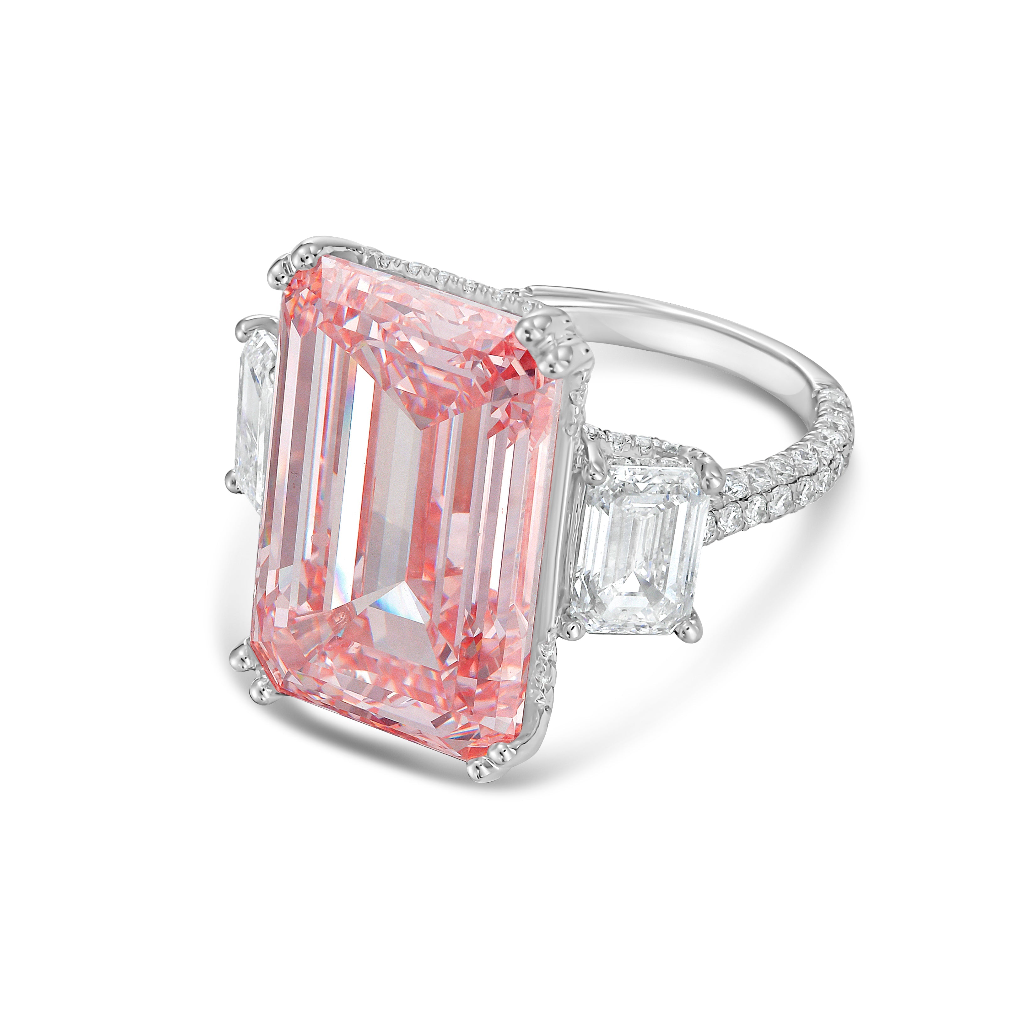 Lab-Grown Pink Emerald Cut Three Stone Ring, 18K Gold