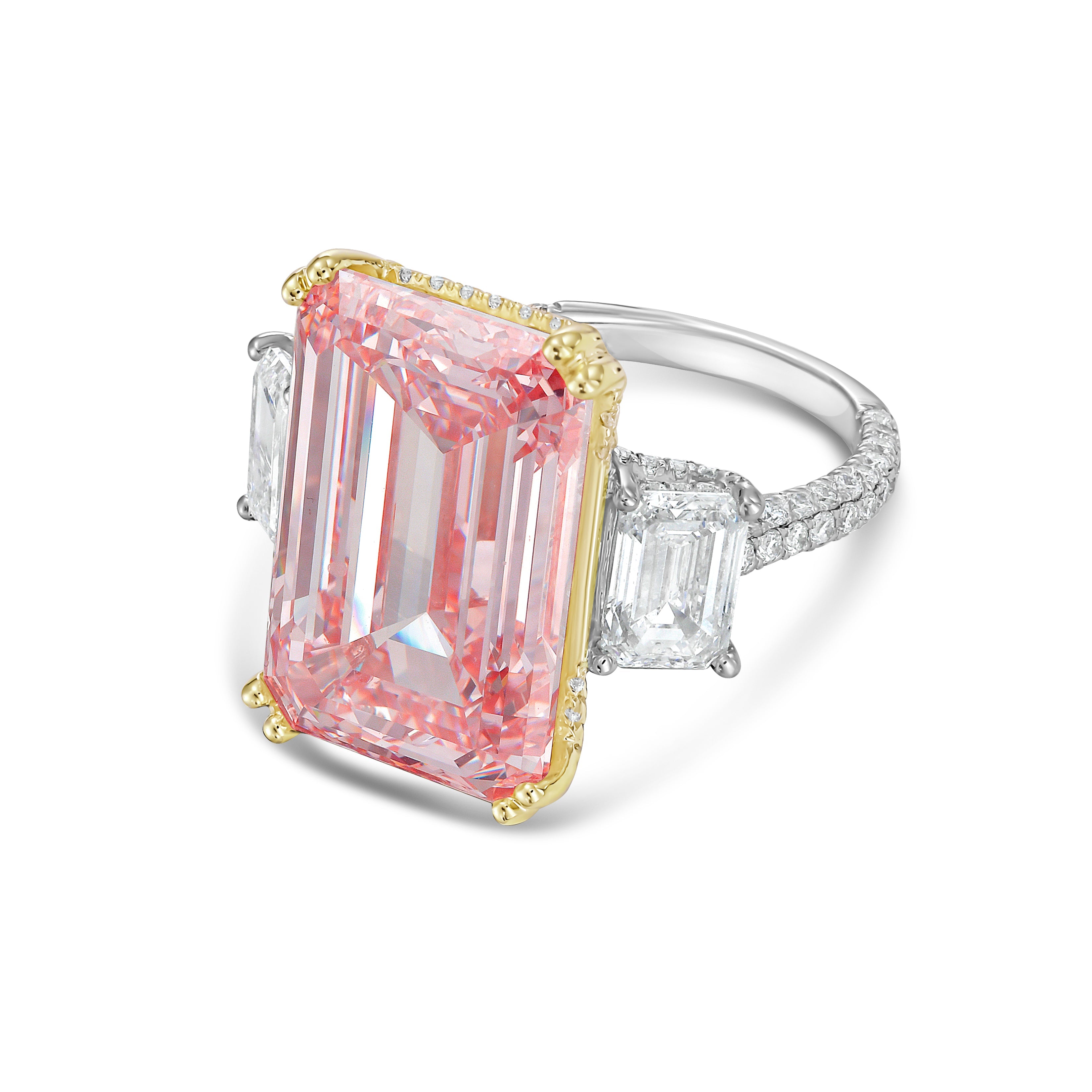Lab-Grown Pink Emerald Cut Three Stone Ring, 18K Gold