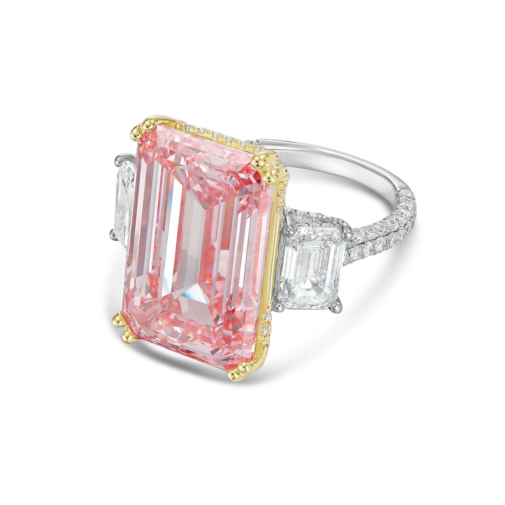 Lab-Grown Pink Emerald Cut Three Stone Ring