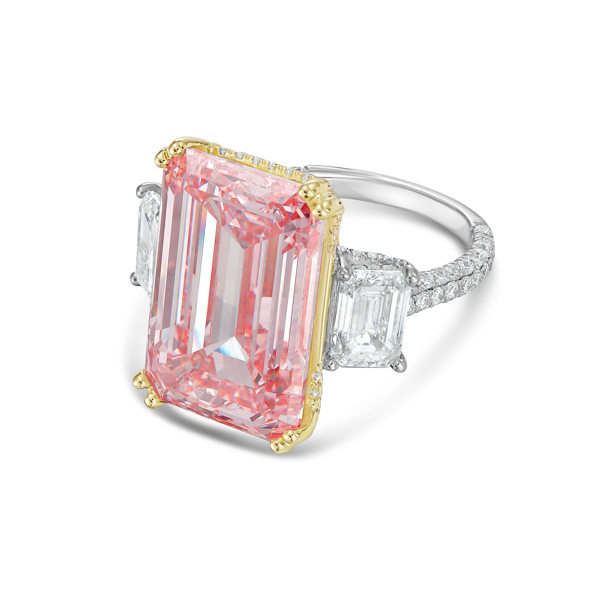 Lab-Grown Pink Emerald Cut Three Stone Ring