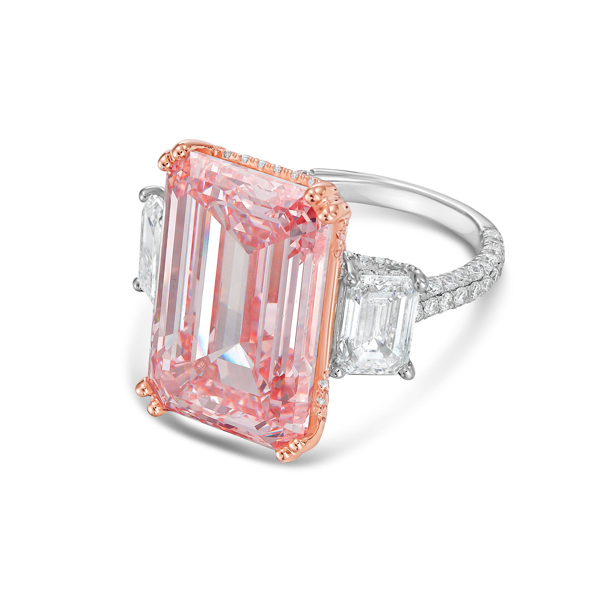 Lab-Grown Pink Emerald Cut Three Stone Ring