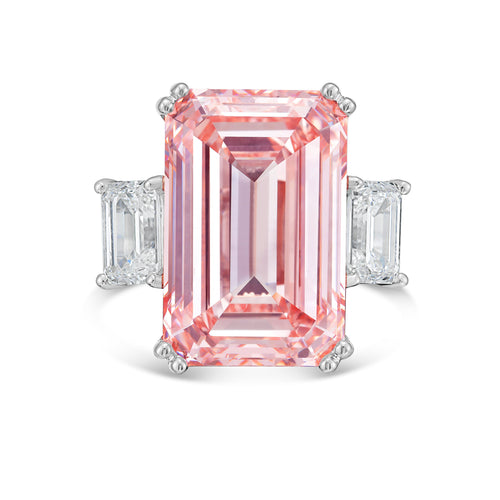 Lab-Grown Pink Emerald Cut Three Stone Ring, 18K Gold