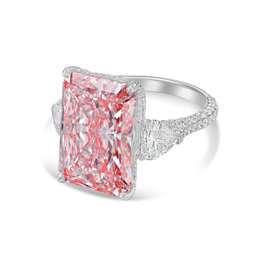 Lab-Grown Pink Radiant Diamond Ring with Heart Sides, 18k Gold