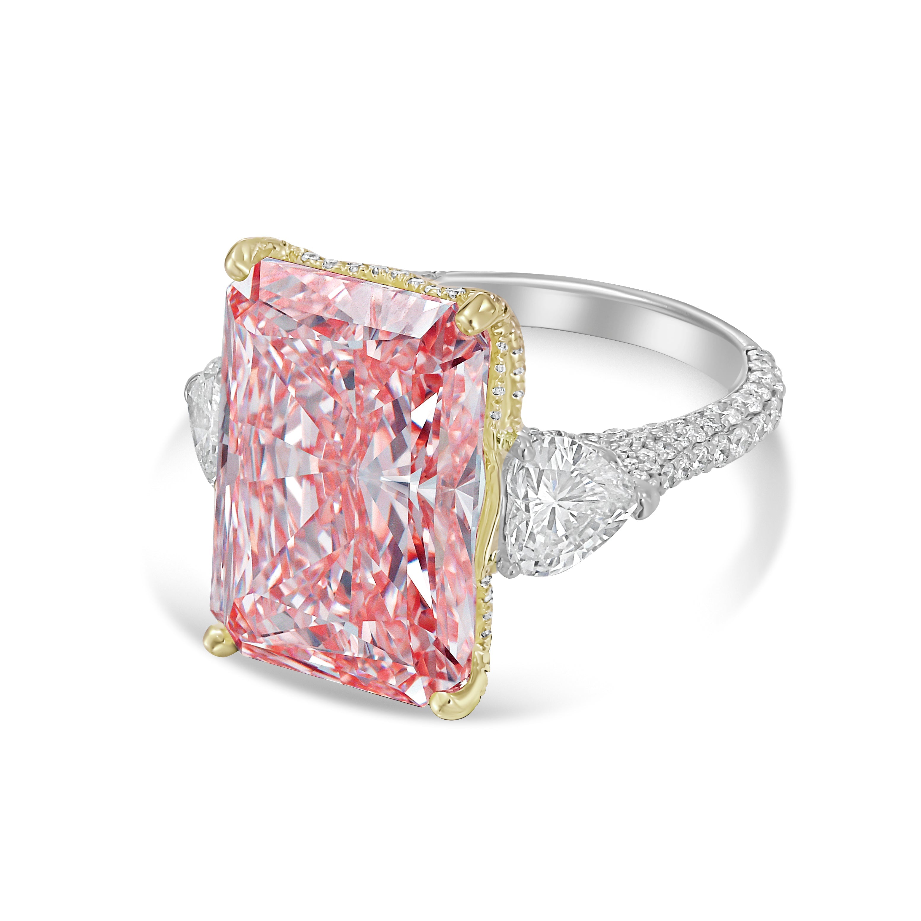 Lab-Grown Pink Radiant Diamond Ring with Heart Sides, 18k Gold