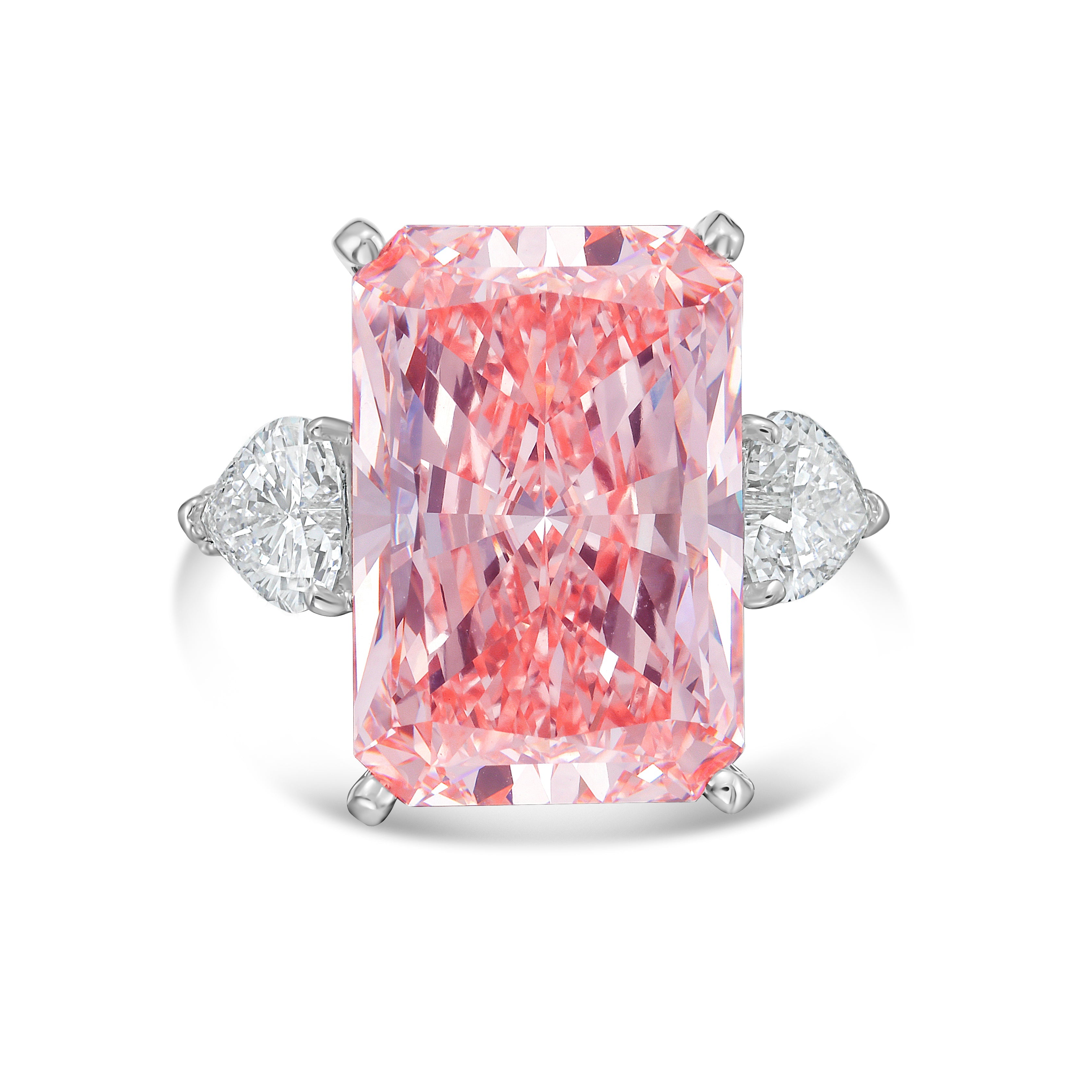 Lab-Grown Pink Radiant Diamond Ring with Heart Sides, 18k Gold