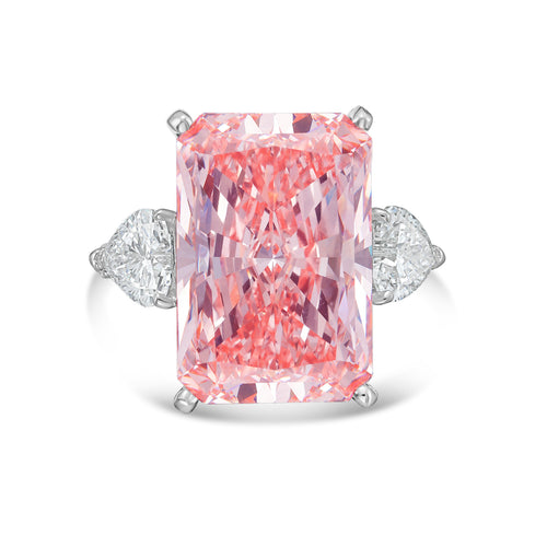 Lab-Grown Pink Radiant Diamond Ring with Heart Sides, 18k Gold