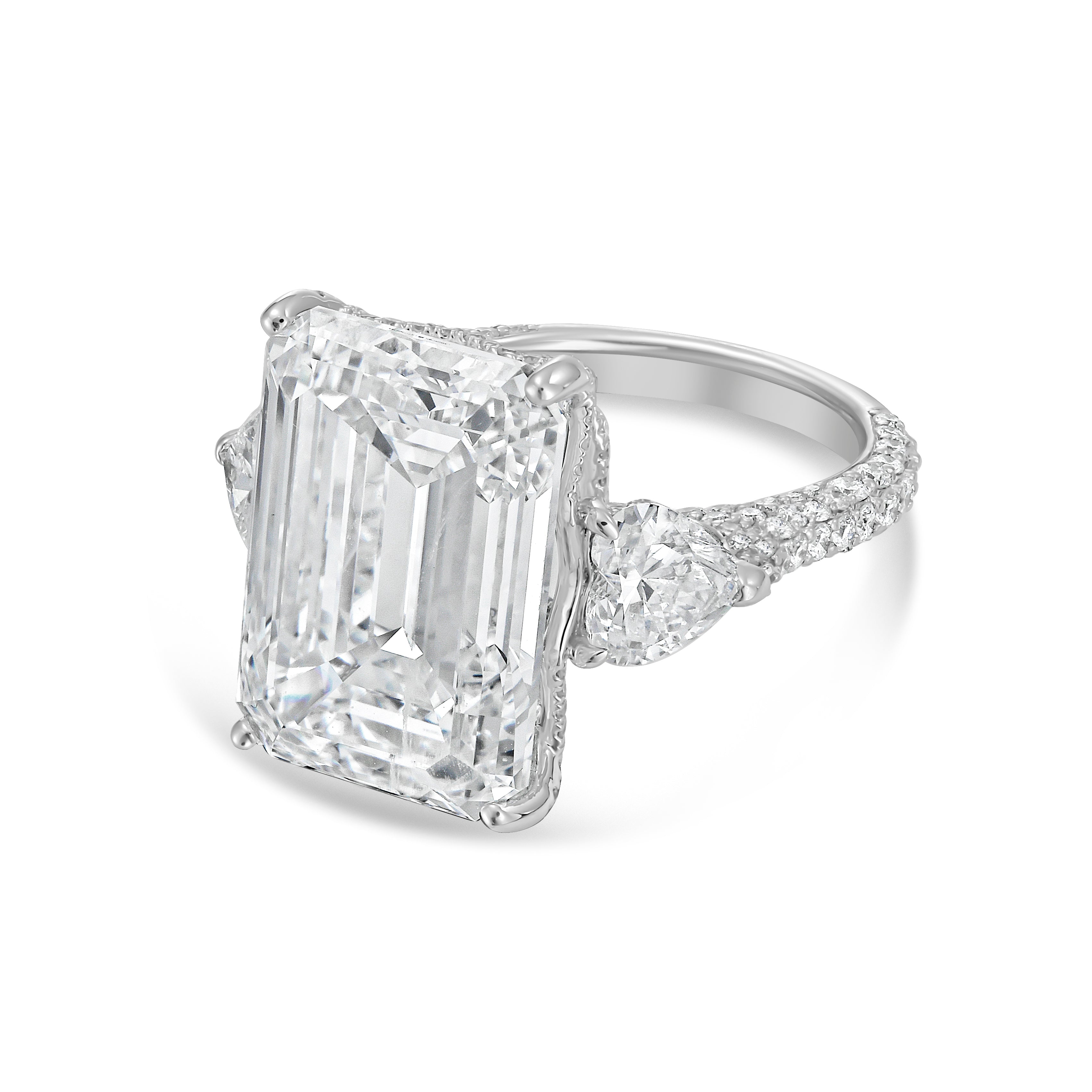 Lab-Grown Emerald Diamond Ring With Hearts On Sides, 18K Gold