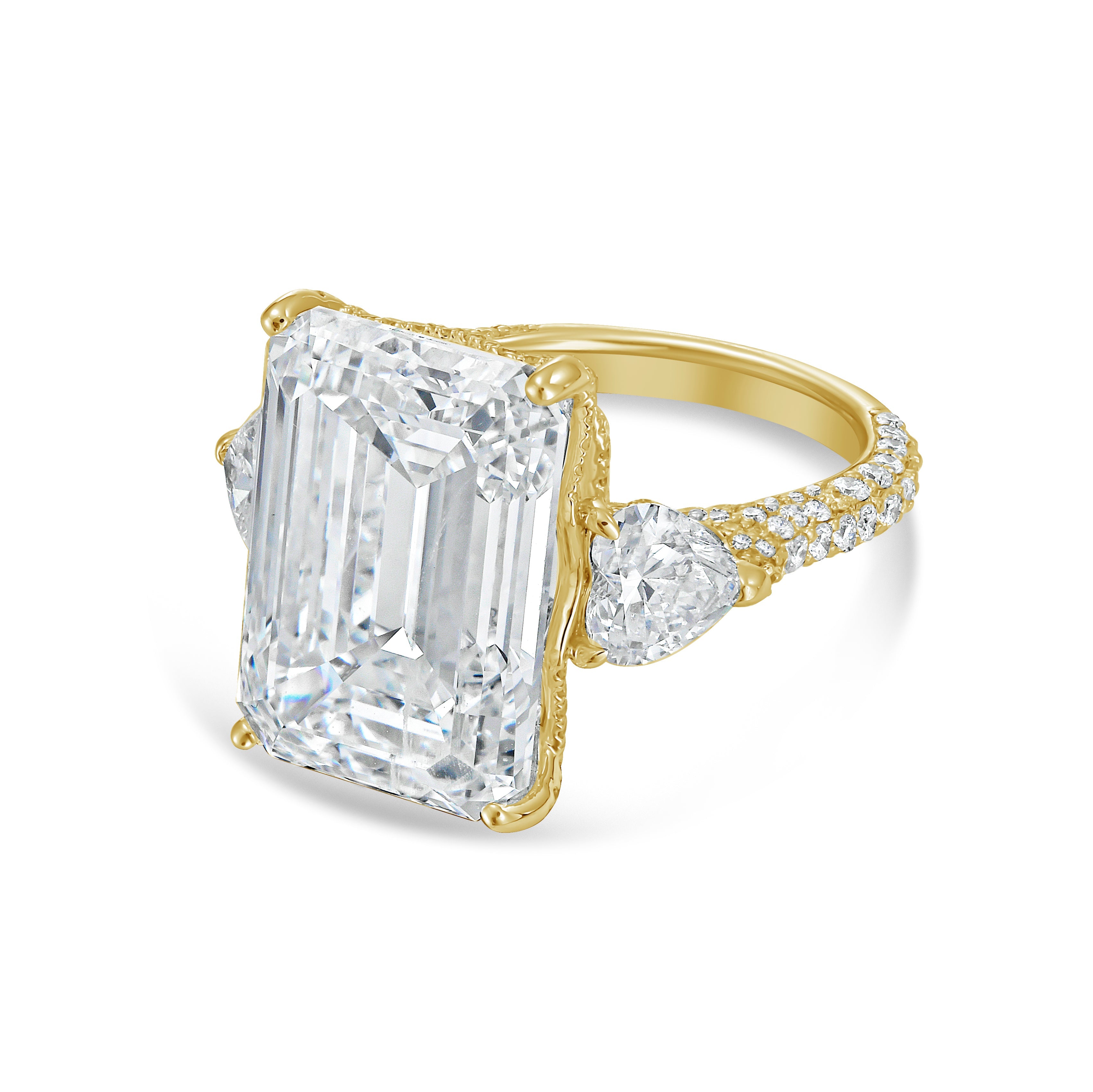 Lab-Grown Emerald Diamond Ring With Hearts On Sides, 18K Gold