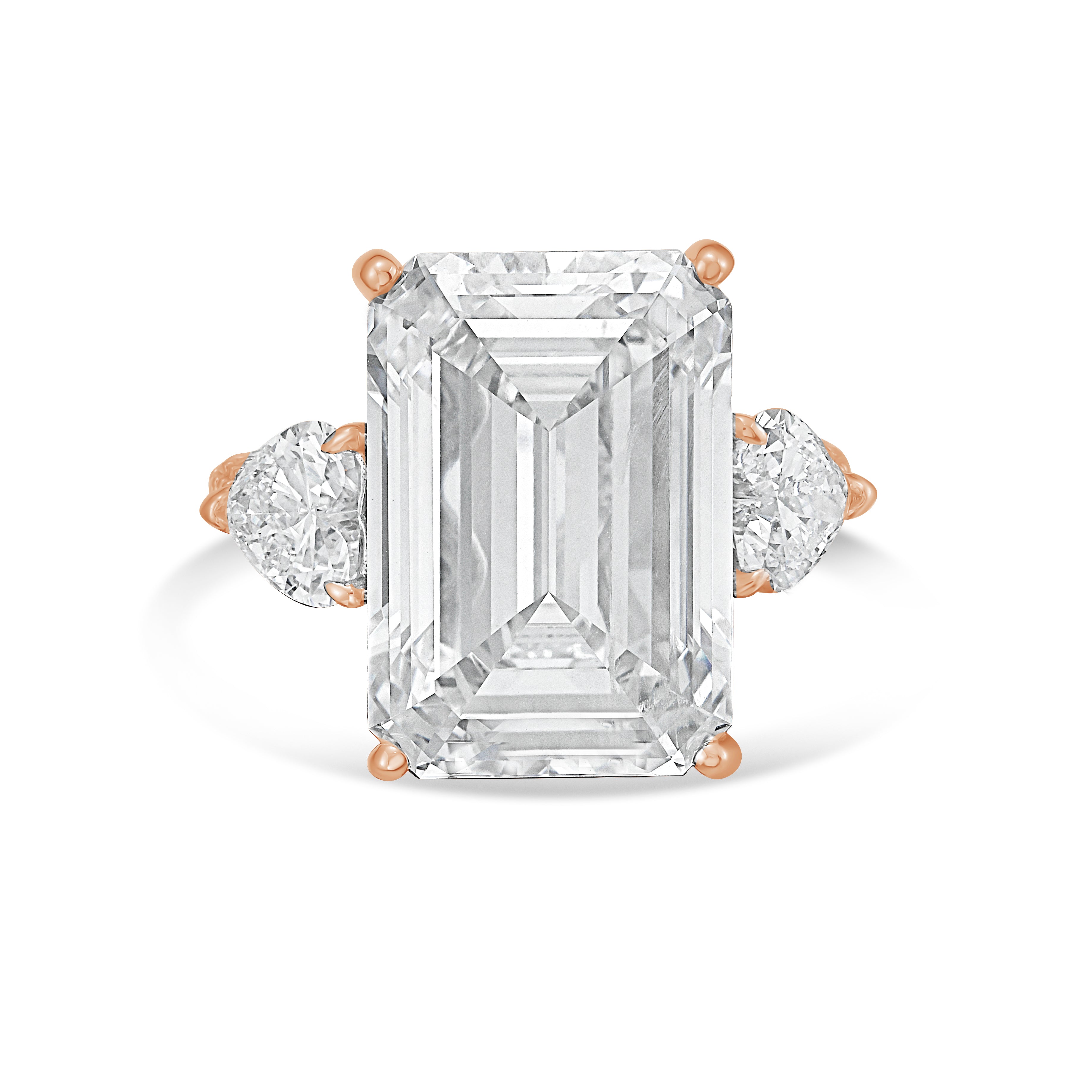 Lab-Grown Emerald Diamond Ring With Hearts On Sides, 18K Gold