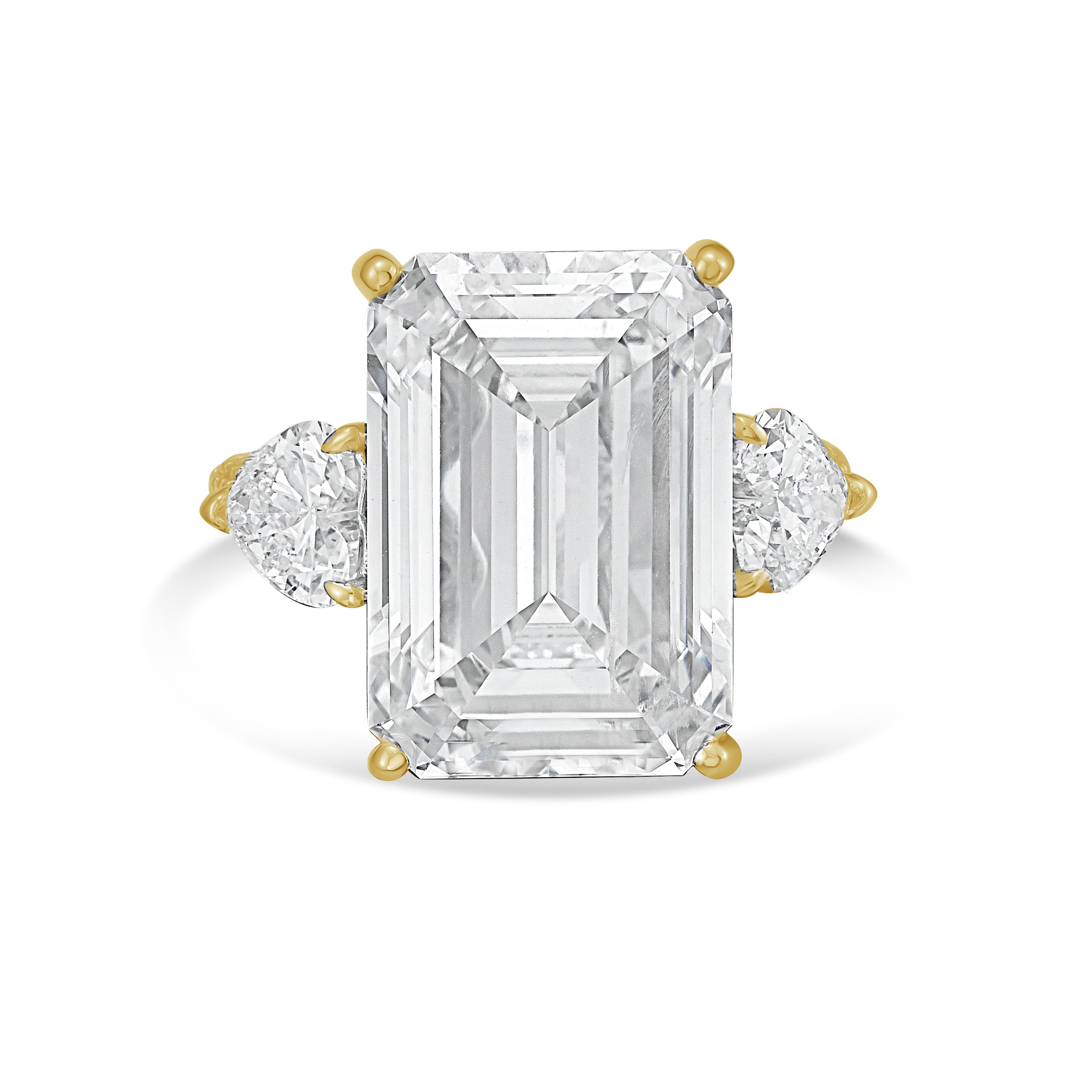 Lab-Grown Emerald Diamond Ring With Hearts On Sides, 18K Gold