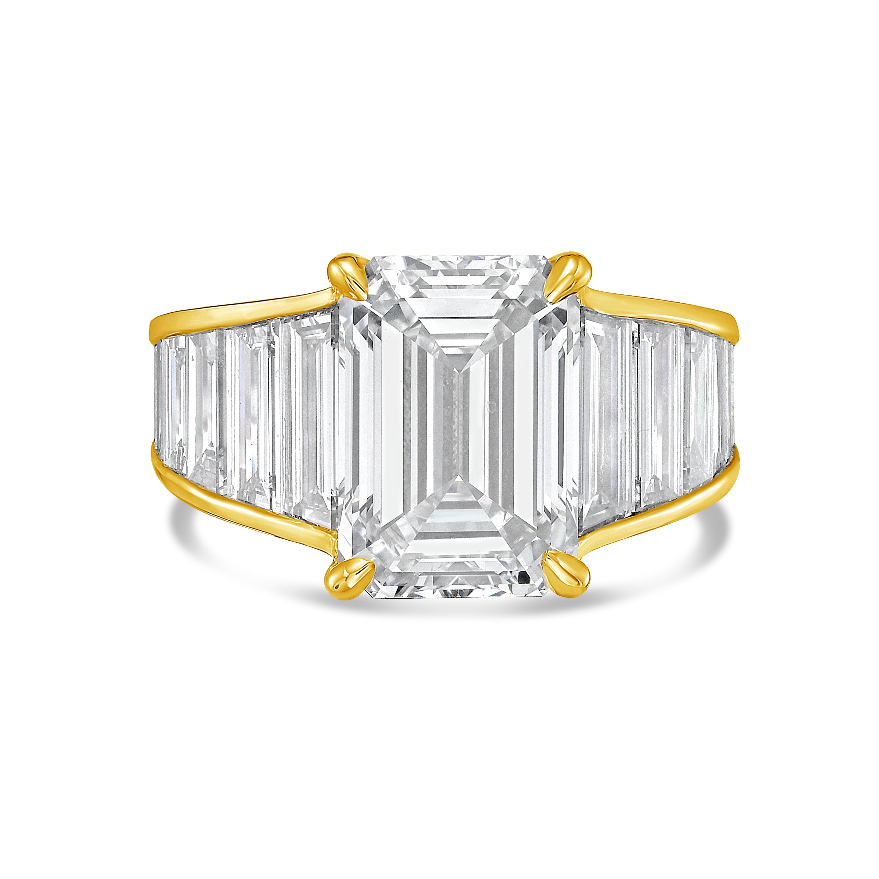 Lab-Grown Emerald-Cut Ring with Emerald-Cut Trapezoids, 18K Gold