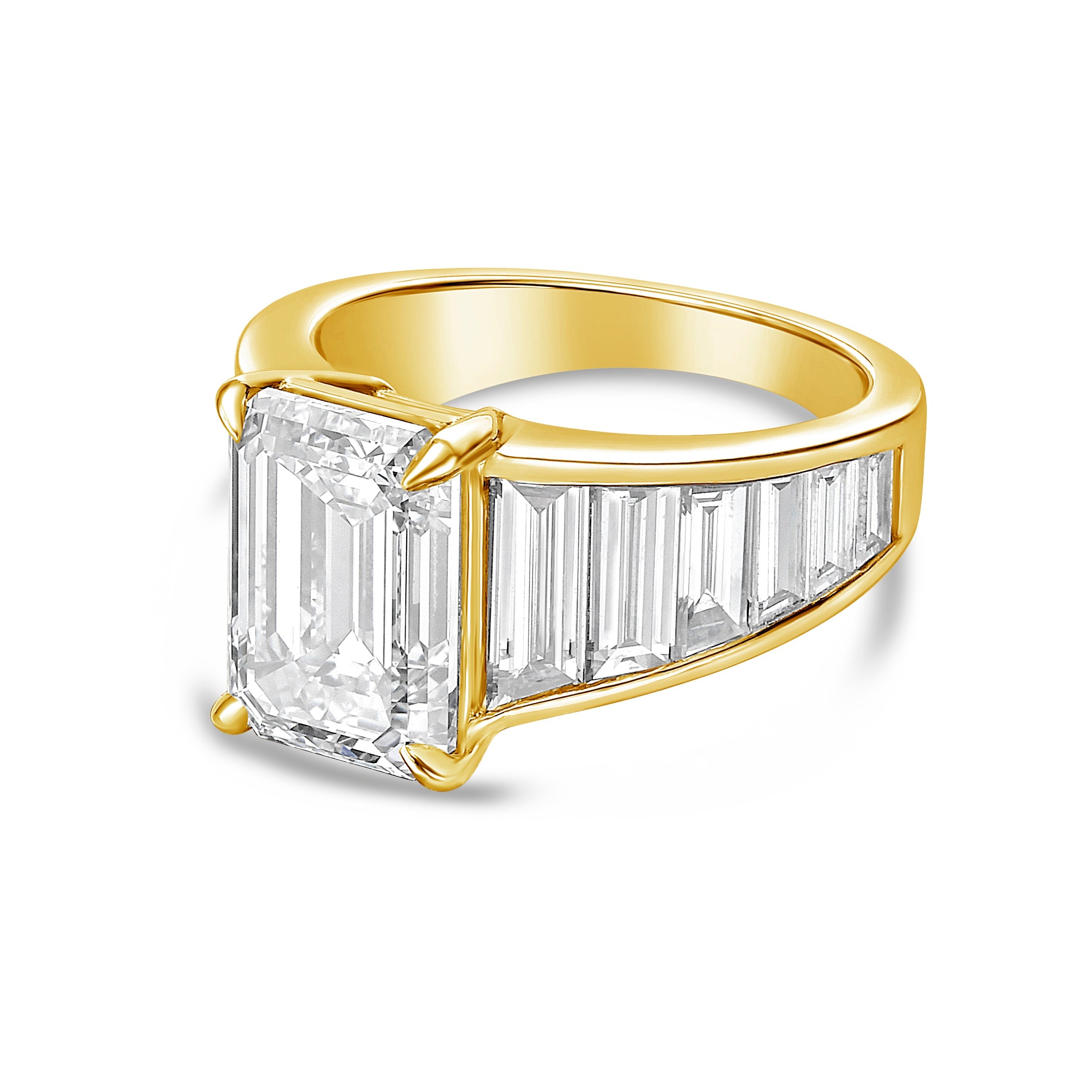 Lab-Grown Emerald-Cut Ring with Emerald-Cut Trapezoids, 18K Gold