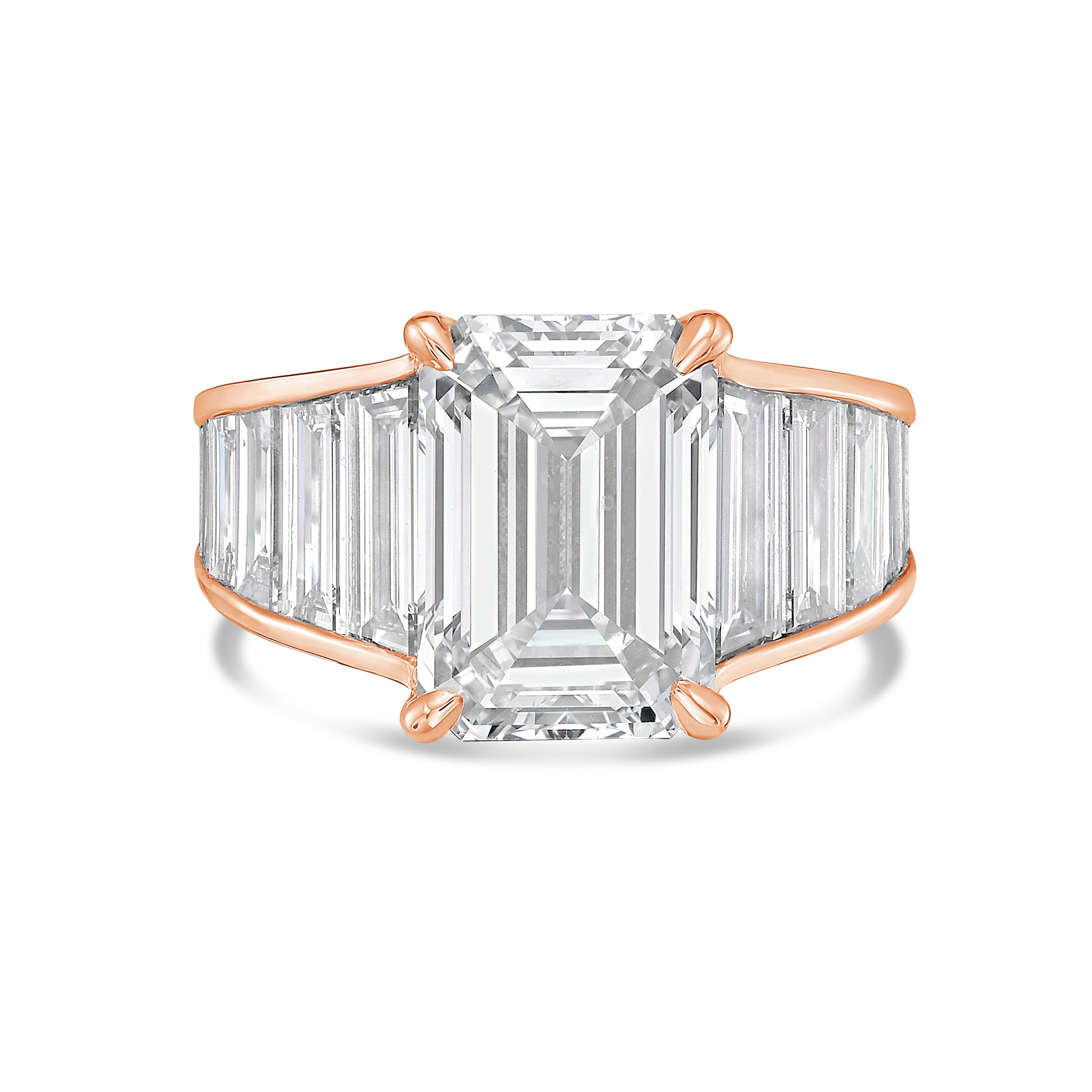 Lab-Grown Emerald-Cut Ring with Emerald-Cut Trapezoids, 18K Gold