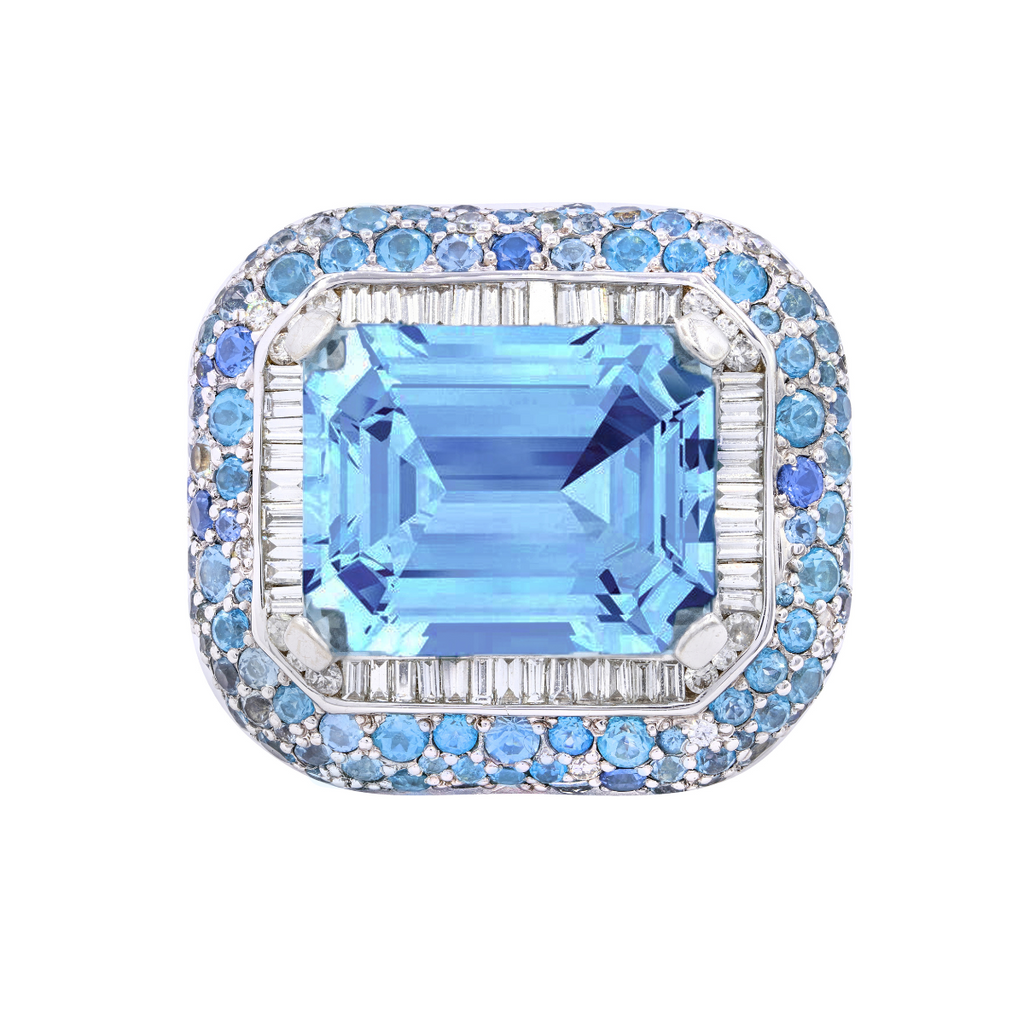 Emerald Aquamarine & Baguette Diamonds Halo Ring