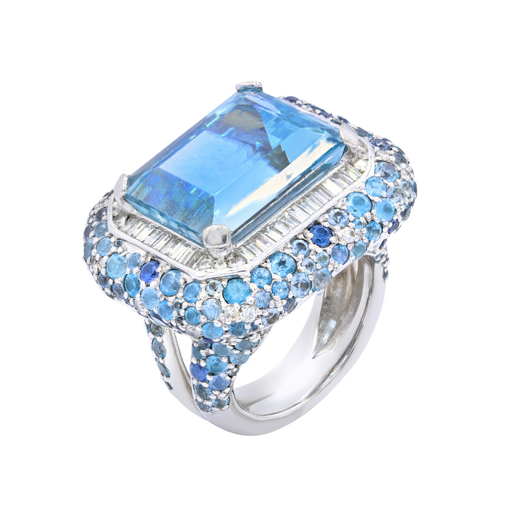 Emerald Aquamarine & Baguette Diamonds Halo Ring