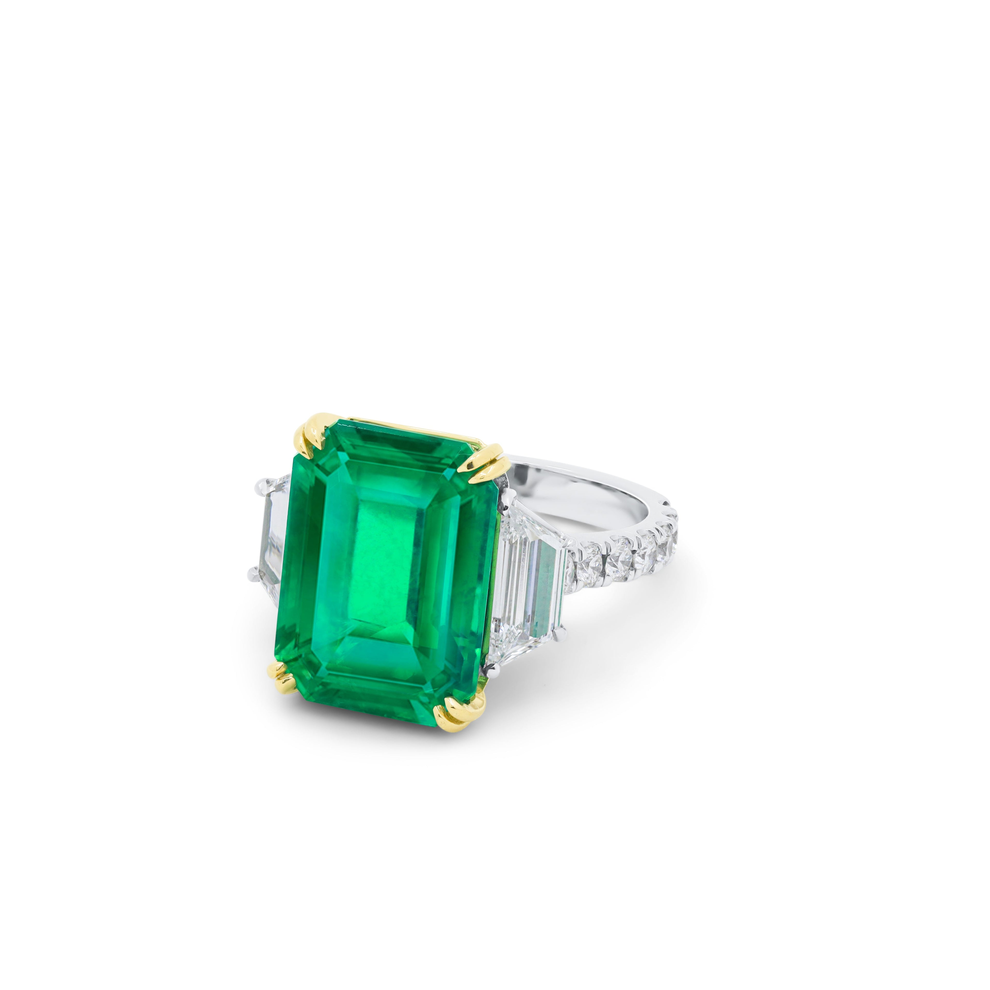 Platinum and 18kt Yellow Gold Emerald Three Stone Ring