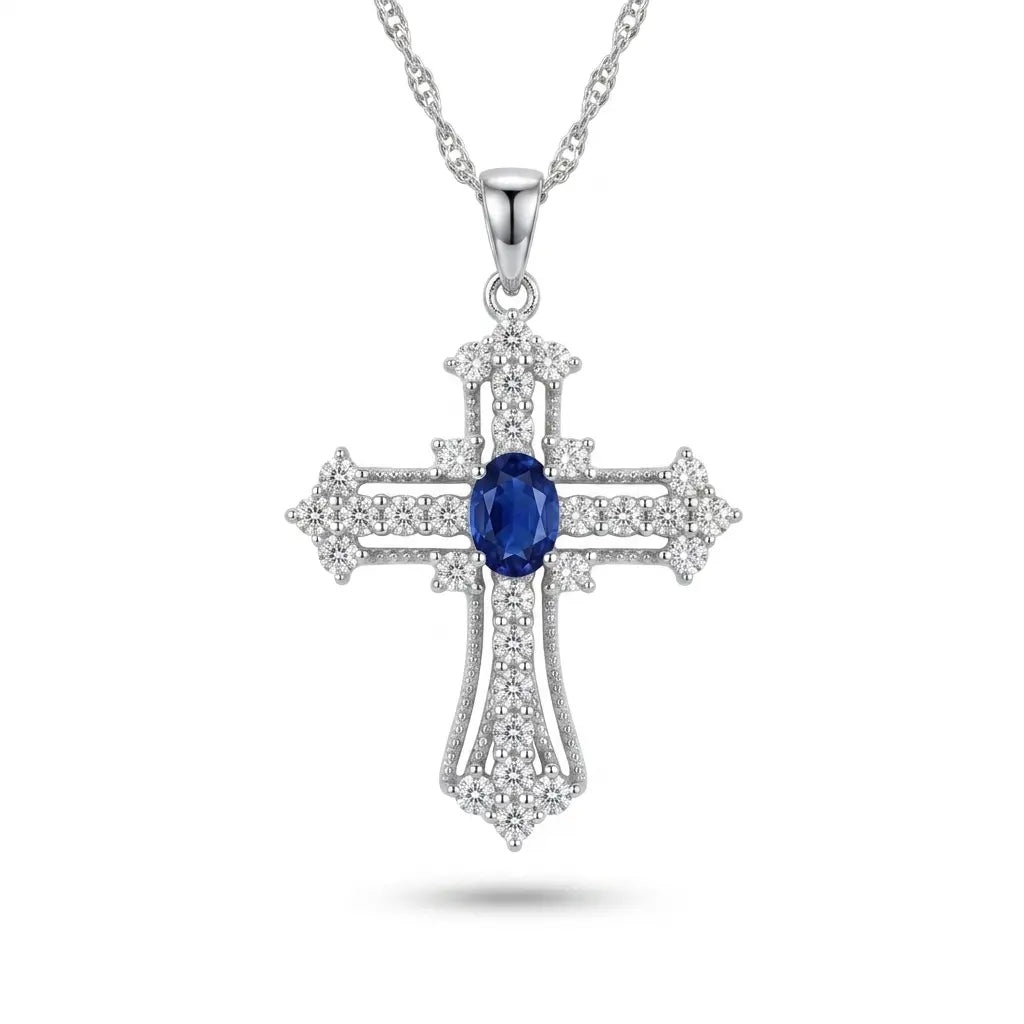 Eternal Life Cross Necklace In Blue Sapphire