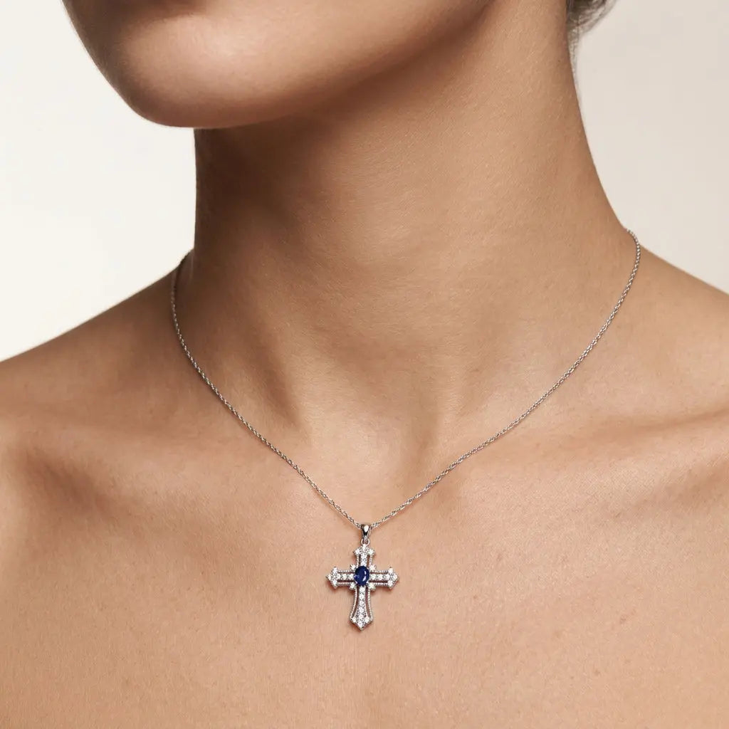 Eternal Life Cross Necklace In Blue Sapphire