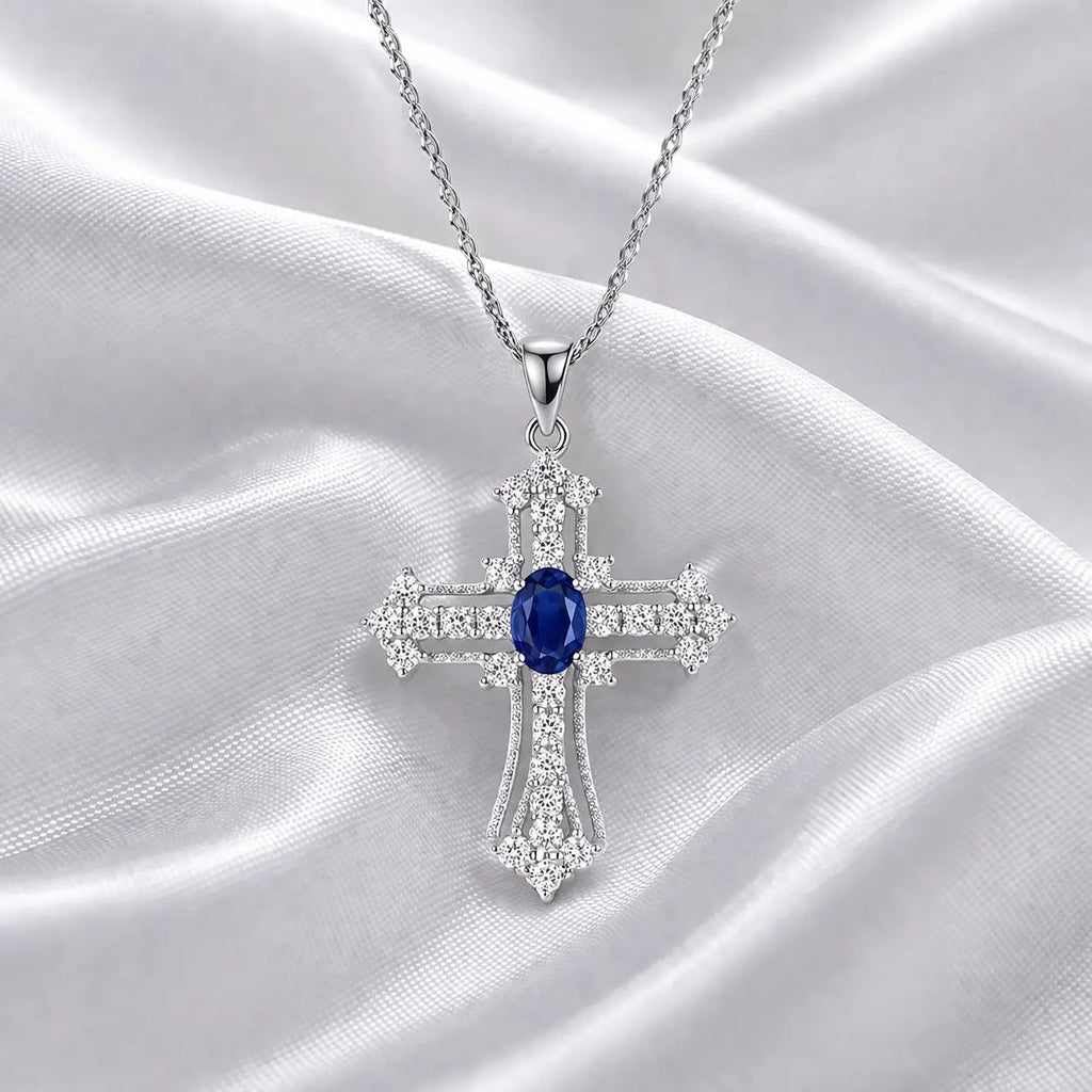 Eternal Life Cross Necklace In Blue Sapphire