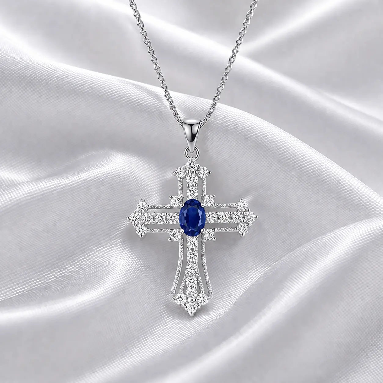 Eternal Life Cross Necklace In Blue Sapphire
