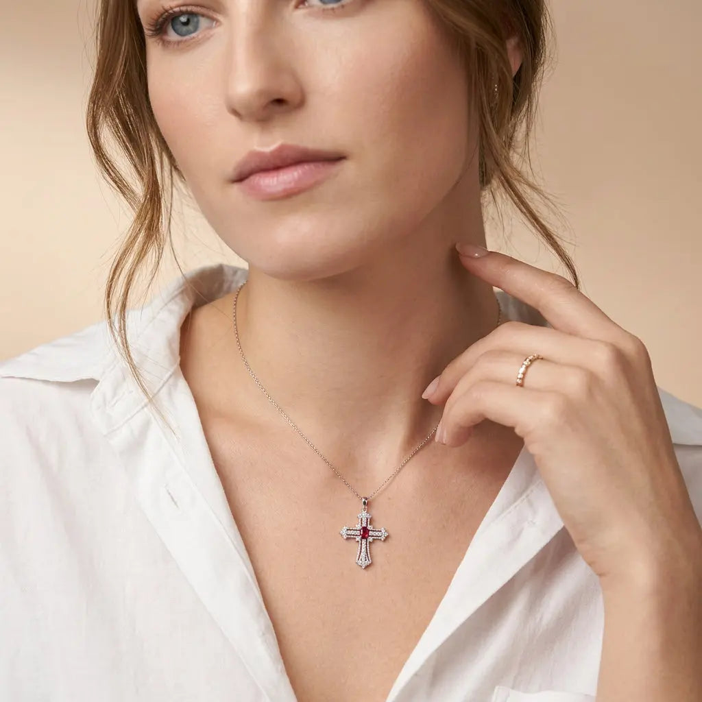 Eternal Life Cross Necklace In Ruby